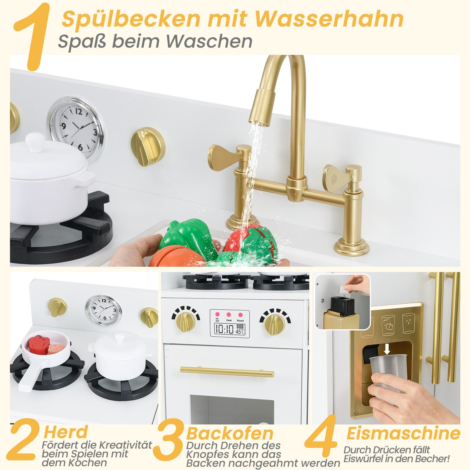 COSTWAY Spielküche Holz, Holzspielzeug-Küchenset für Kleinkinder mit Kühlschrank