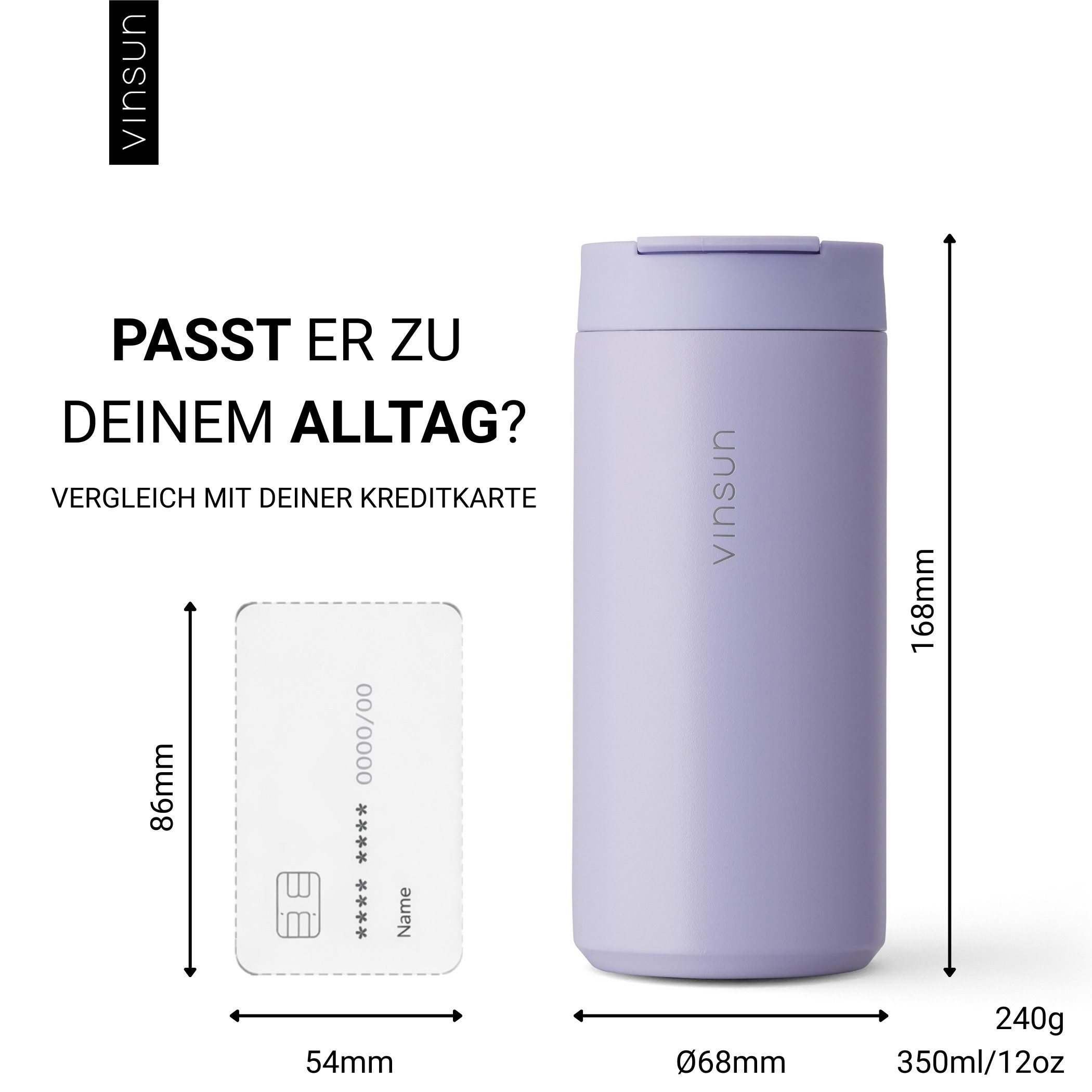 Vinsun Thermobecher Edelstahl Isolierbecher 350ml - Kaffeebecher doppelwandig isoliert, 2-tlg., Edelstahl, BPA frei, auslaufsicher, bruchfest, Kalt- und Heißget – Bild 4 von 5
