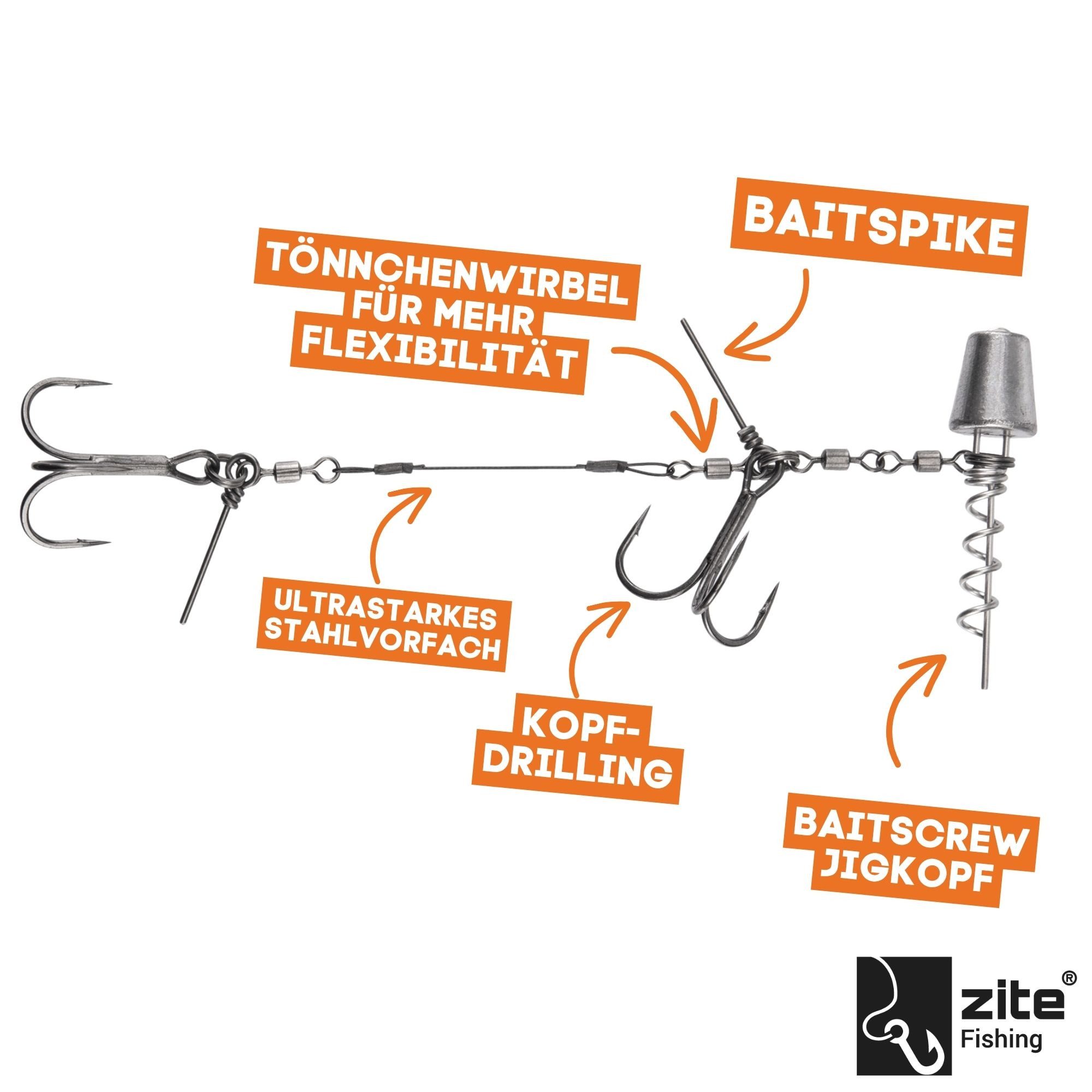 Zite Drillingshaken Variables Hechtsystem S, L 5-20g Natur & UV Neon Gummiköder Angeln, (Fertigmontage)