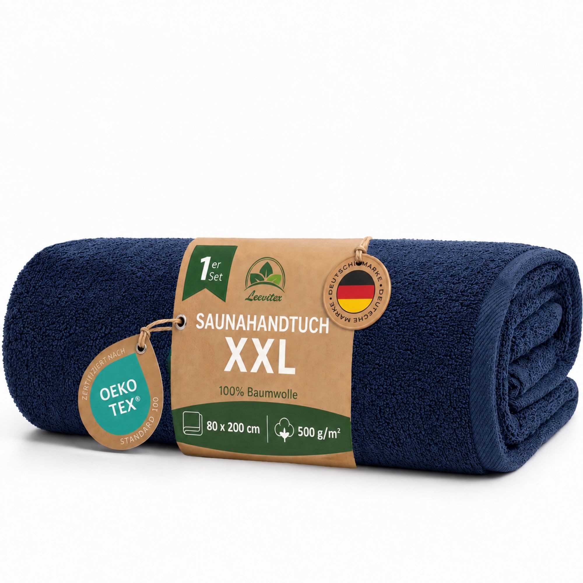 leevitex® Saunatuch, 80x200 cm, 100% Baumwolle, saugstark und fusselfrei, Frottee (1-St), OEKO-TEX® STANDARD 100 zertifiziert, gestreifte Bordüre