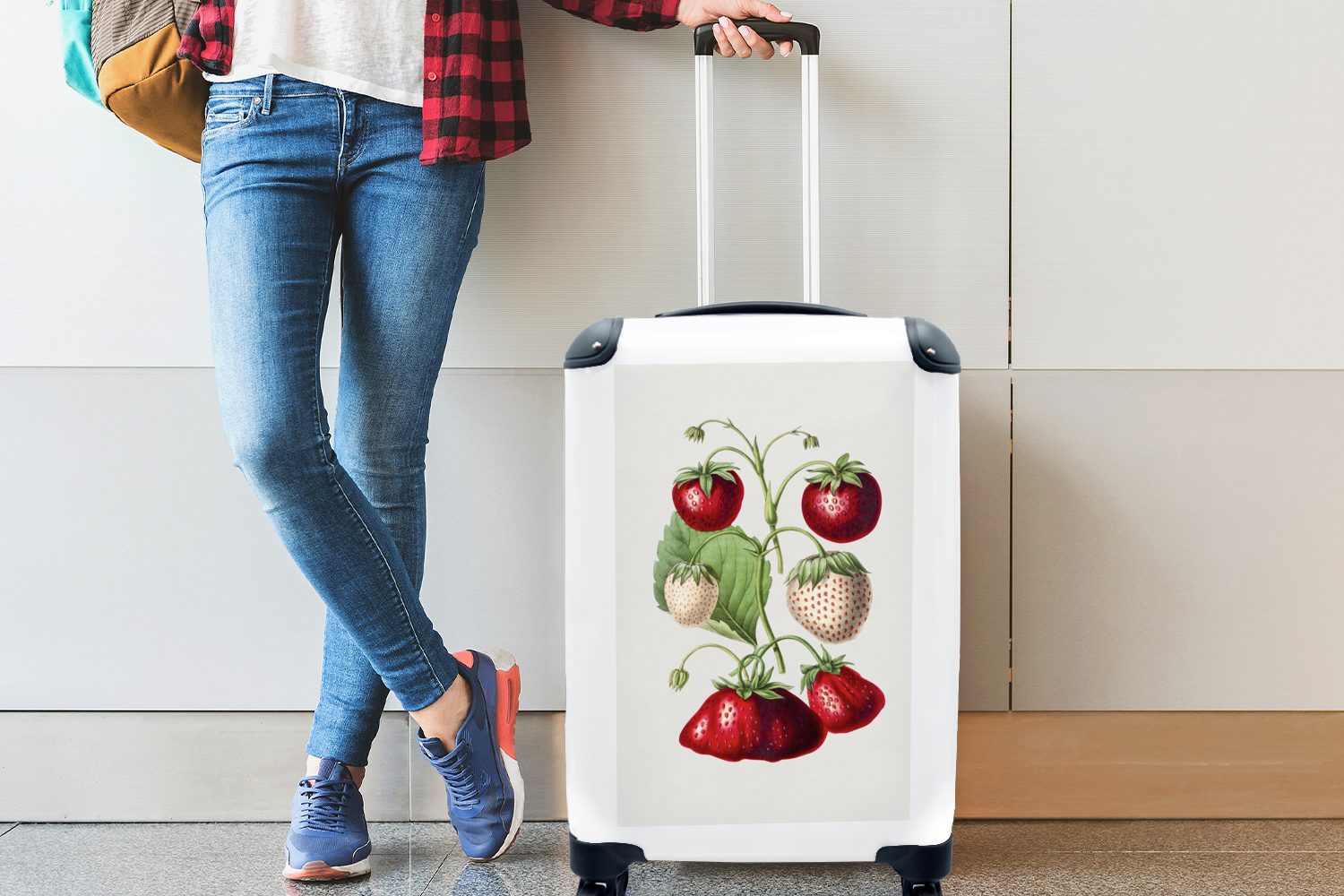 Ferien, - Erdbeere Trolley, - MuchoWow Lebensmittel, 4 Obst Rollen, für Handgepäck Reisekoffer Handgepäckkoffer rollen, mit Reisetasche