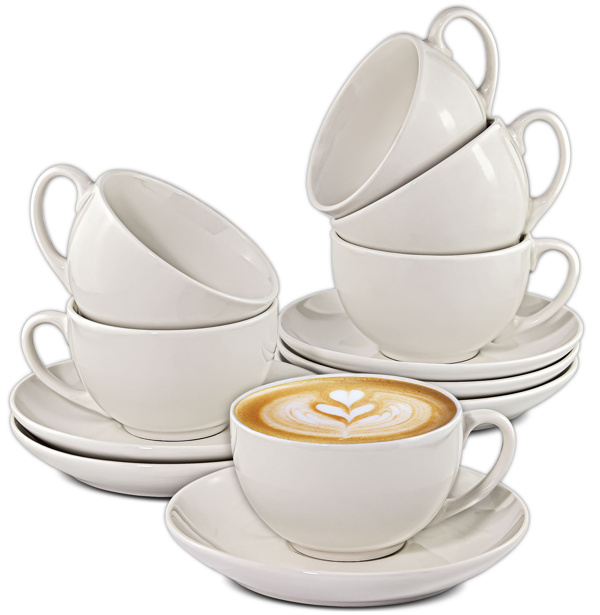 Cosumy Cappuccinotasse 6 Cappuccino Чашки Set Weiß, Keramik, Mit Untertassen - Hält Lange warm - Spülmaschinenfest - 180ml