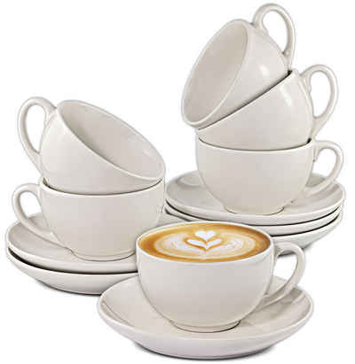Cosumy Cappuccinotasse 6 Cappuccino Tassen Set Weiß, Keramik, Mit Untertassen - Hält Lange warm - Spülmaschinenfest - 180ml