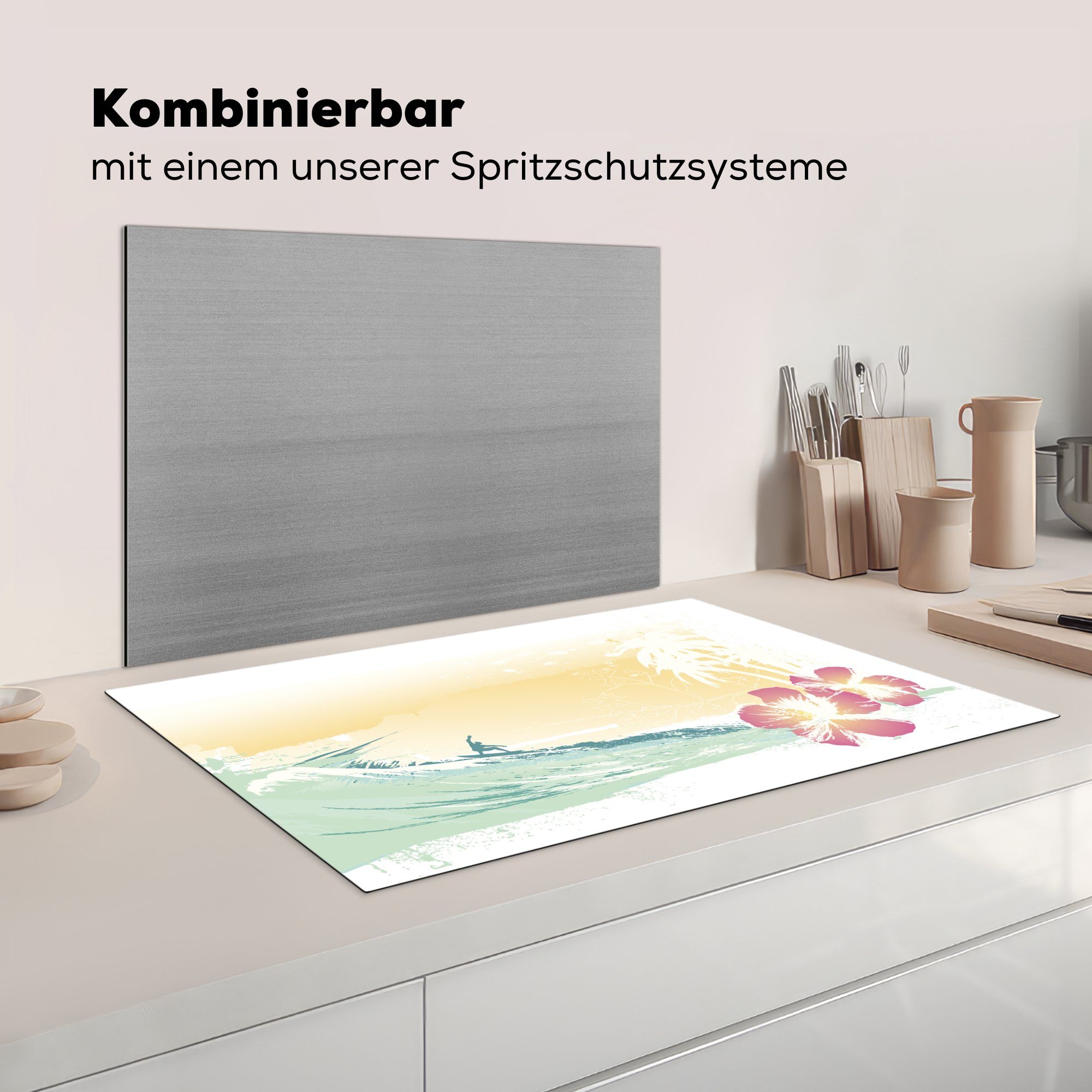 küche - (1 tlg), Herdblende-/Abdeckplatte 83x51 cm, MuchoWow Ceranfeldabdeckung, Strand Arbeitsplatte - Blumen Vinyl, für Brandung,