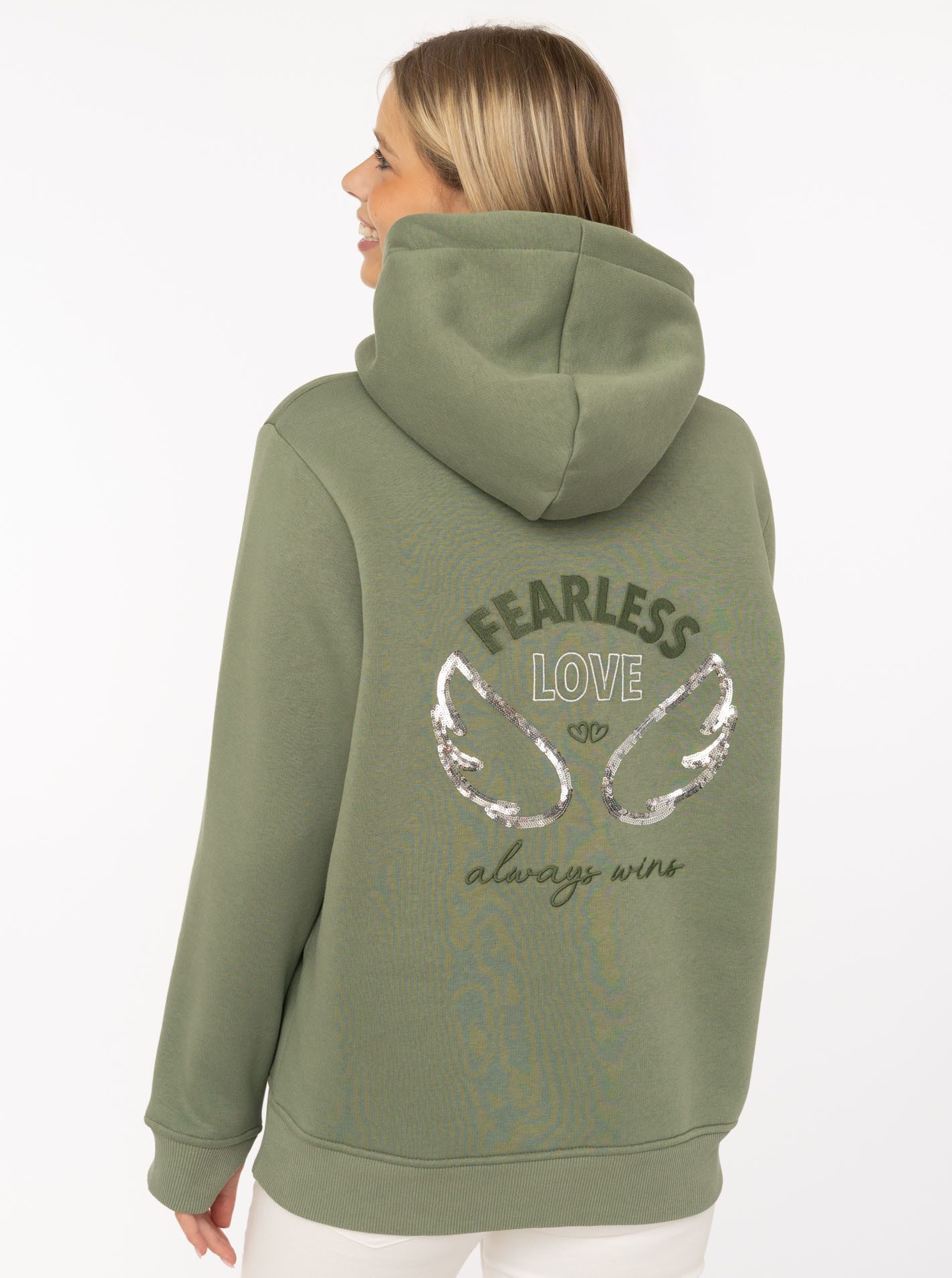 Zwillingsherz Hoodie "Wings" glamouröse Stickerei mit Flügeln, Pailletten, glänzende Kordel