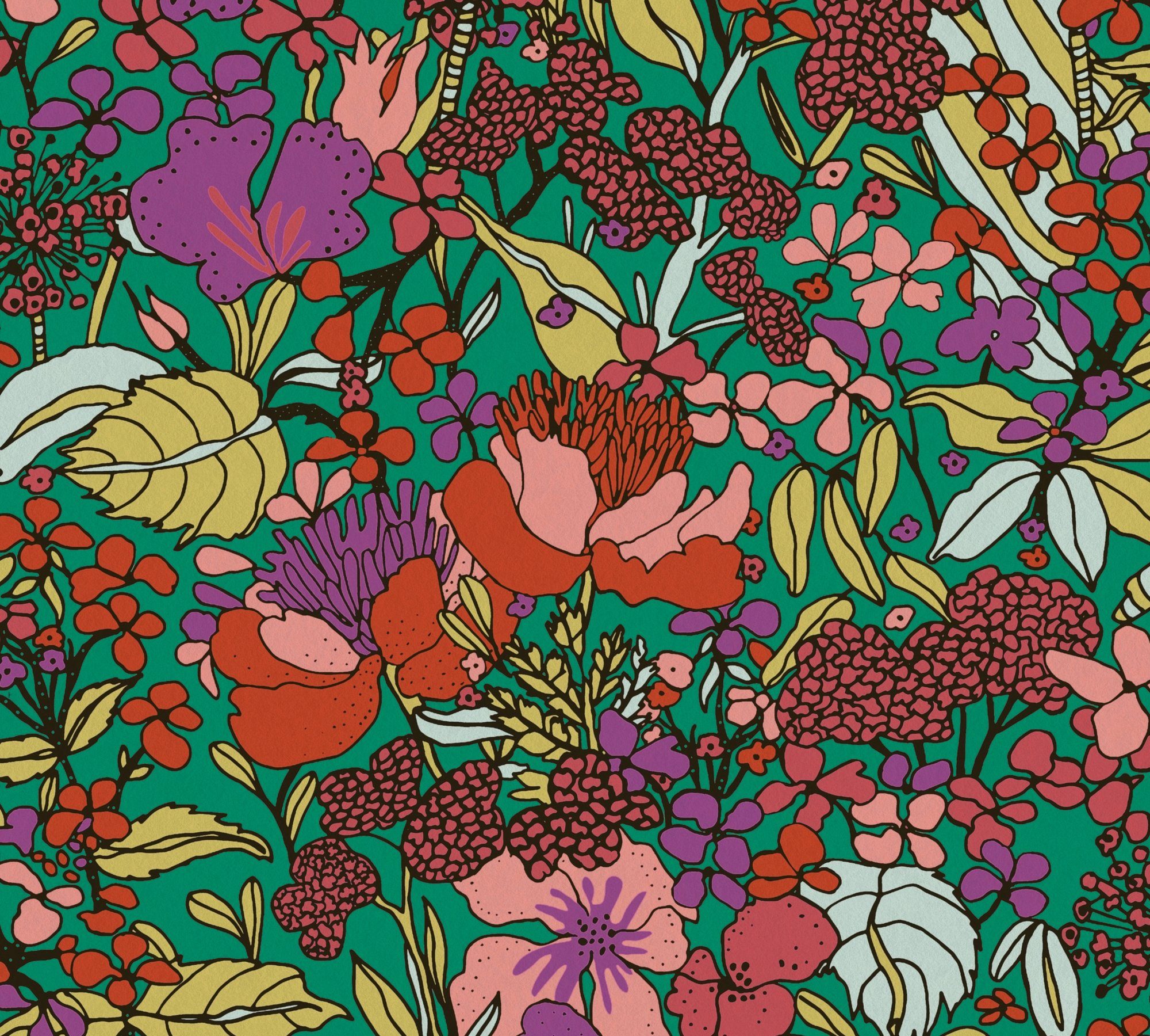 bunt/grün/rot Tapete Impression, Paper botanisch, glatt, Blumentapete Dschungel Vliestapete floral, Floral Architects