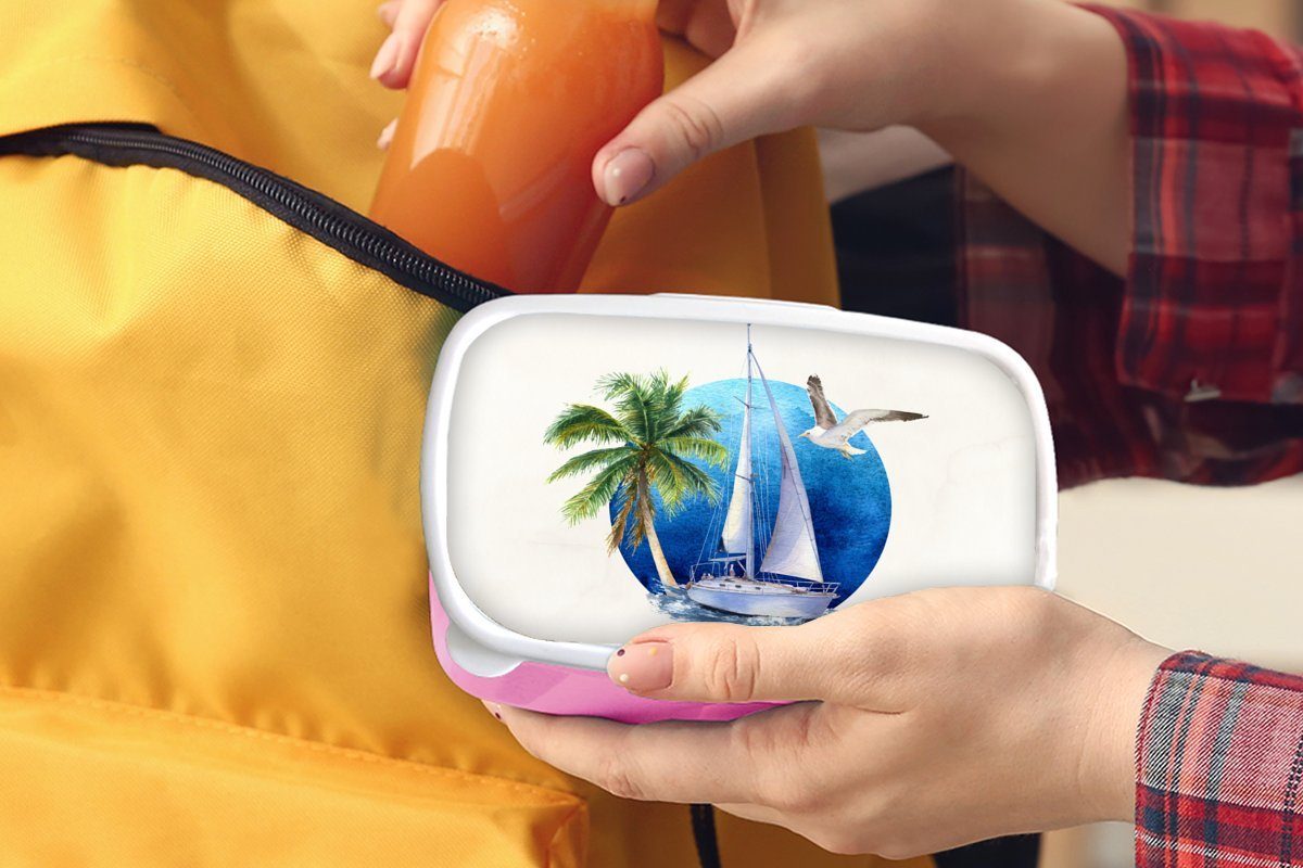 MuchoWow Lunchbox Segelboot - Palme - rosa Kinder, Erwachsene, Kunststoff Meer, - Brotbox Kunststoff, Vogel Mädchen, Brotdose für (2-tlg), Snackbox