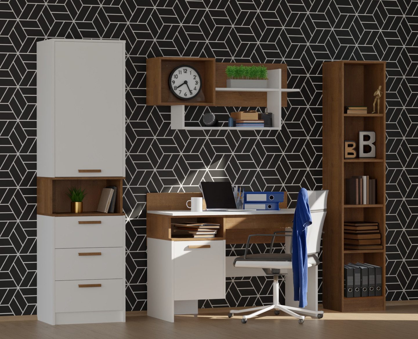 Marmex Möbel Mehrzweckschrank-Set Grant SET B Jugendzimmer Set weiß riviera Eiche, (4-St), Vollauszug der Schubladen, Scharniere Soft Close