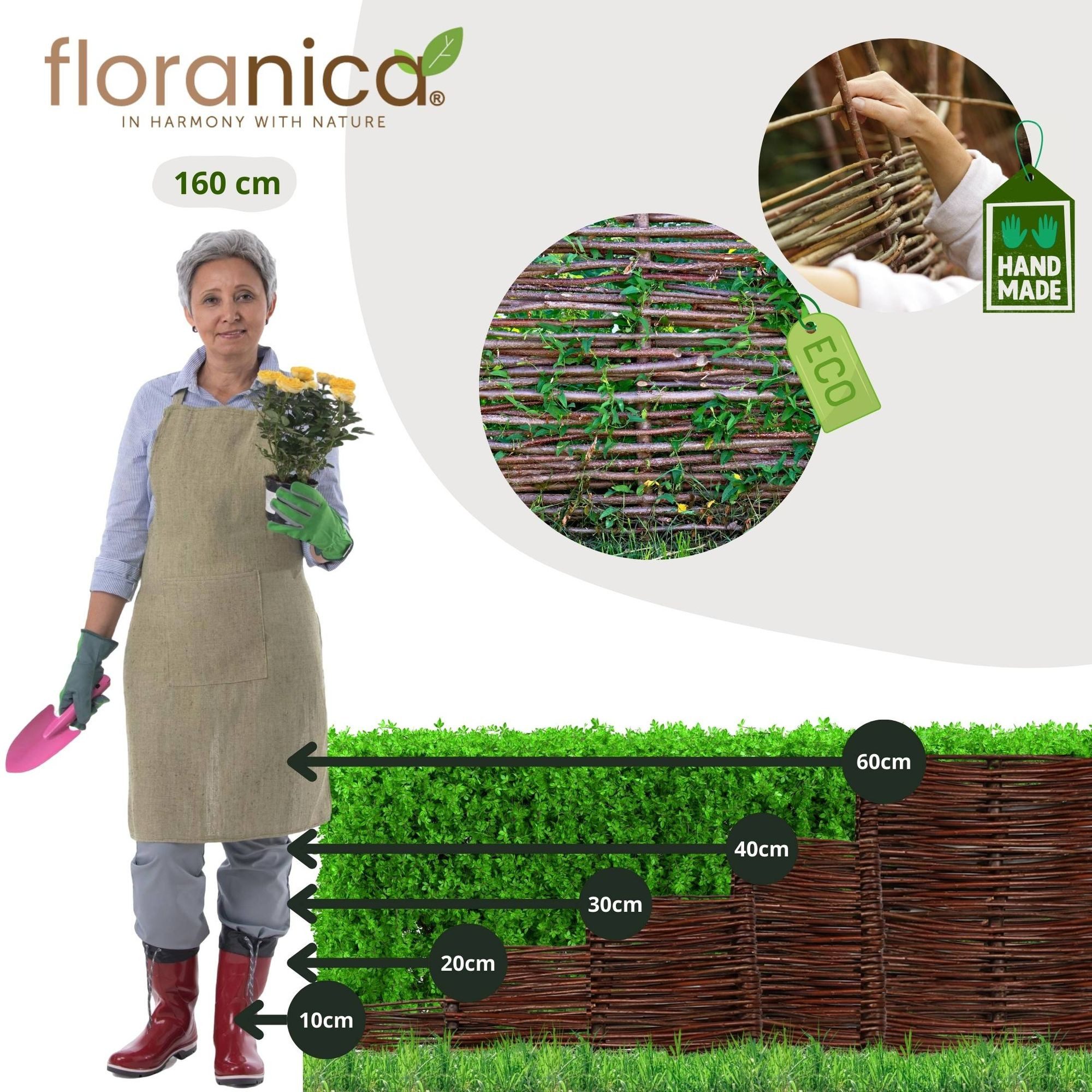 Floranica Weidenzaun Beeteinfassung Beetbegrenzung aus Weide Steckzaun, (1-St., (L:H) 60 x 60 cm), Rasenkante aus Weidengeflecht Beetzaun Weidenzaun Beetumrandung