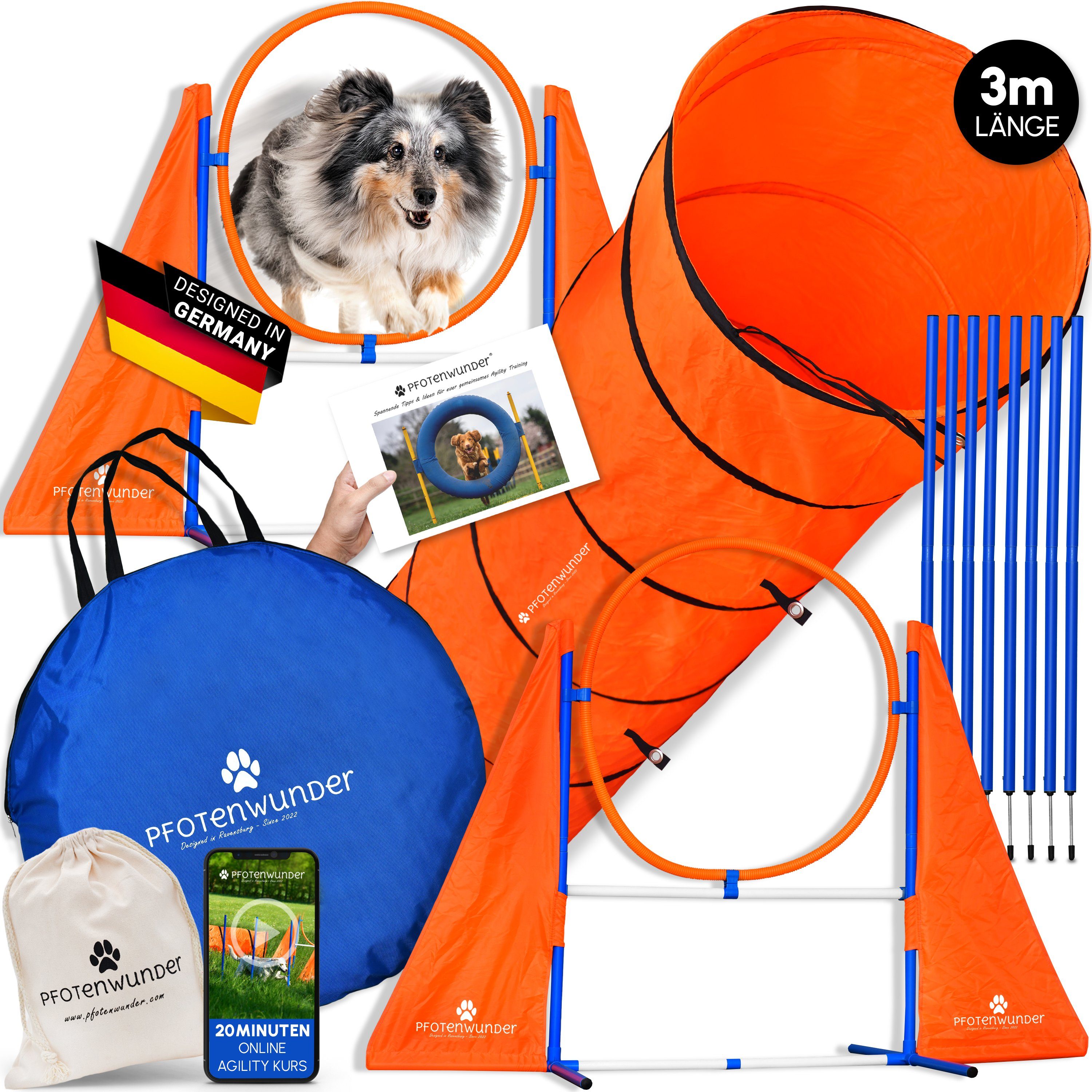 PfotenWunder Agility-Hürde XXL-Profi-Agility Set Hunde Groß für kleine & große Hunde-Training, 2x Multifunktions-Hürden & 3-Meter-Tunnel!