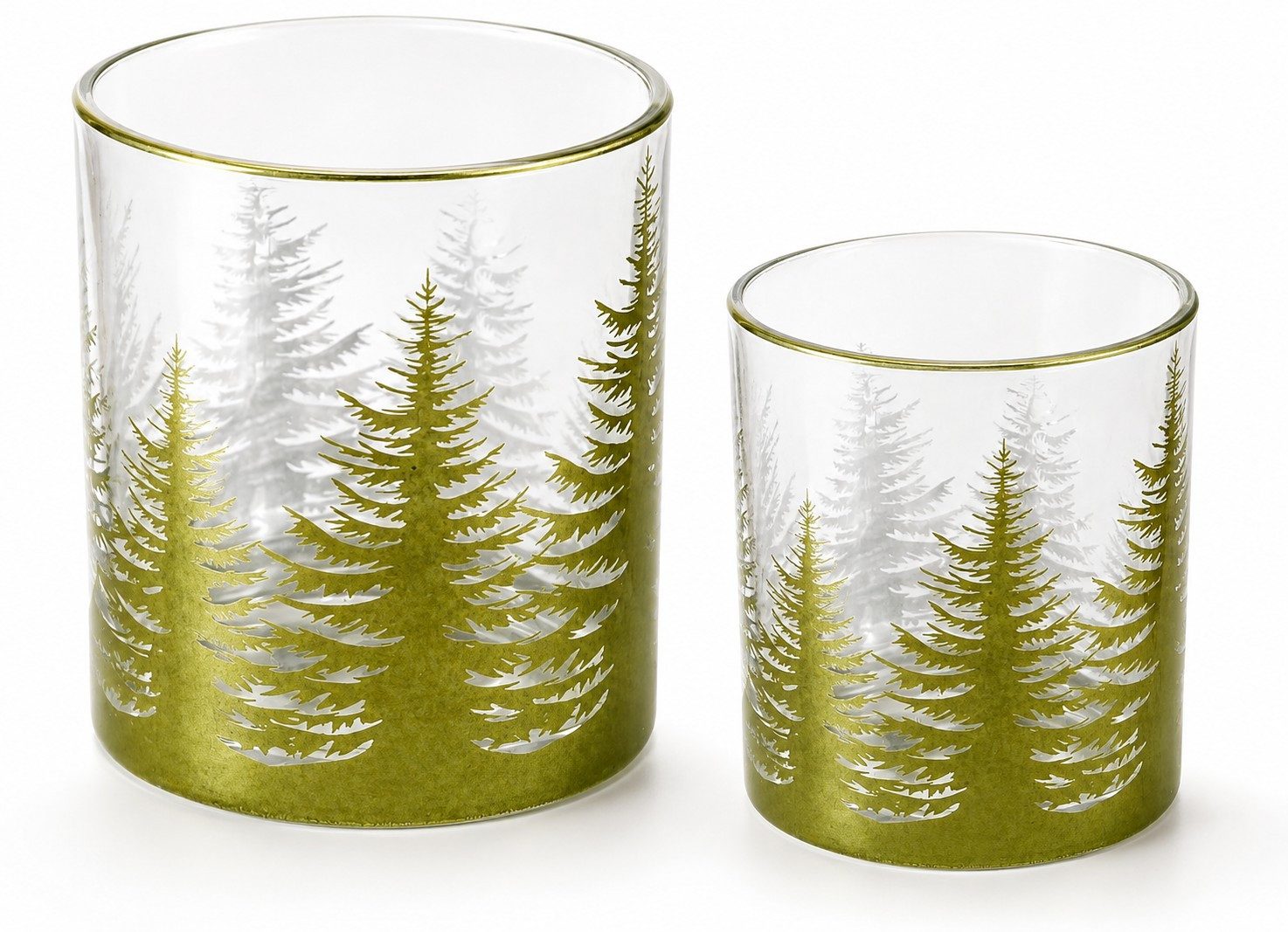 BOLTZE Windlicht Windlichter 2er Set Glas Tannenwald Grün Weihnachten 10 & 9 cm