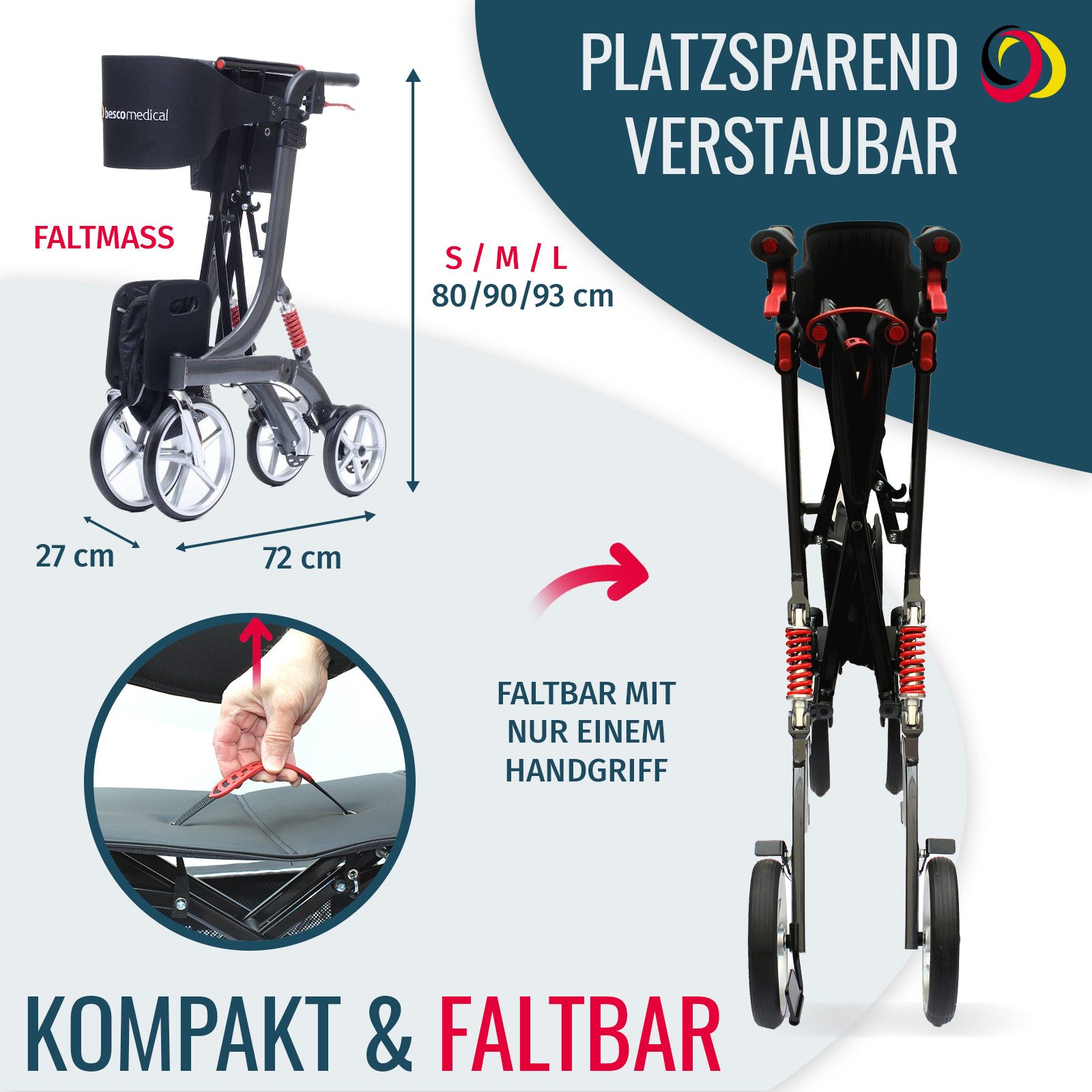 bescomedical Rollator SPRING, Leichtgewicht Gehhilfe - Modell L Sitzhöhe 60 cm, mit Komfort-Federung