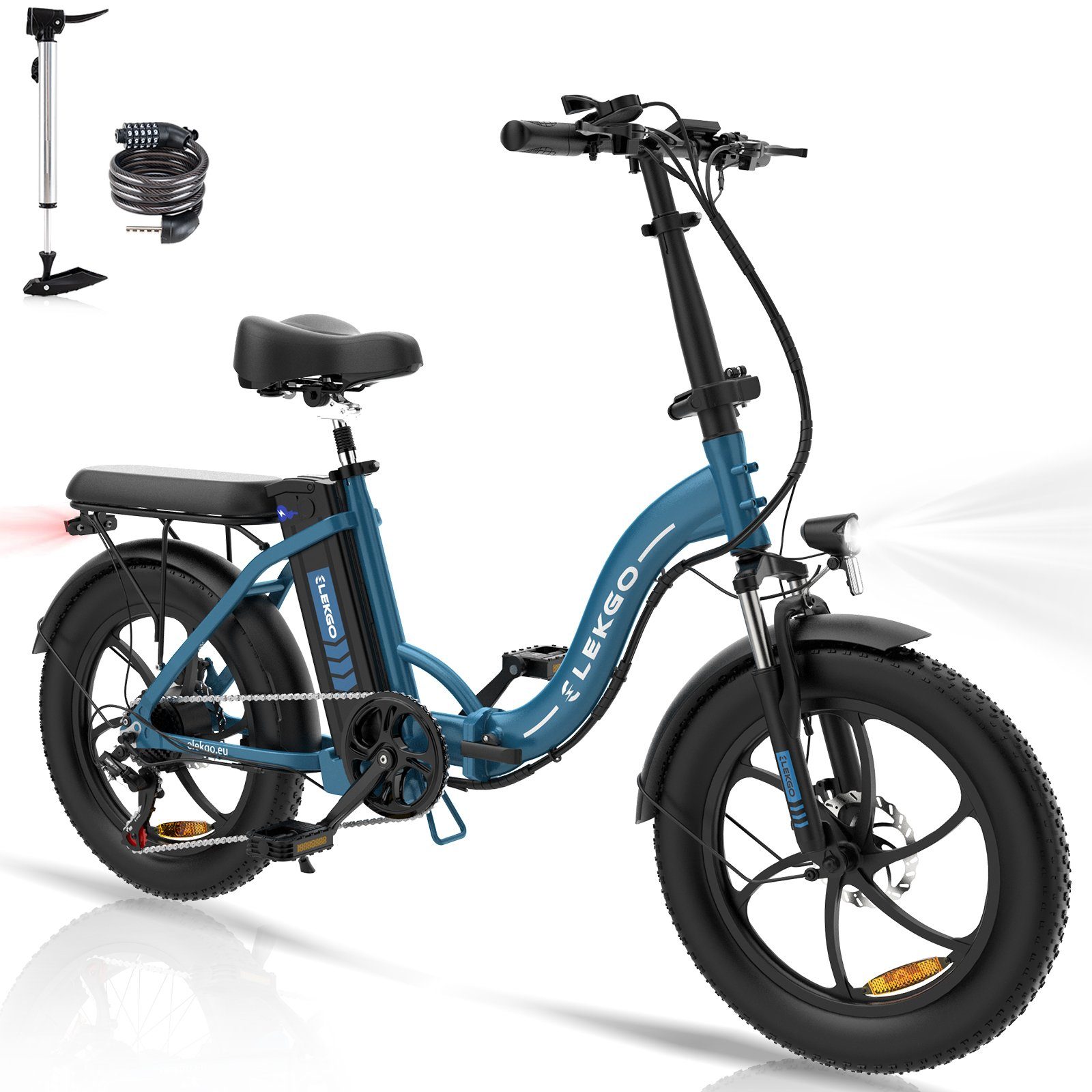 7 36V12Ah mit ELEKGO Bürstenloser Kettenschaltung, Gang 20X3,0 shimano, Motor bis Akku, E-Mountainbike E-Bike Blau 35-90km, Elektrofahrrad