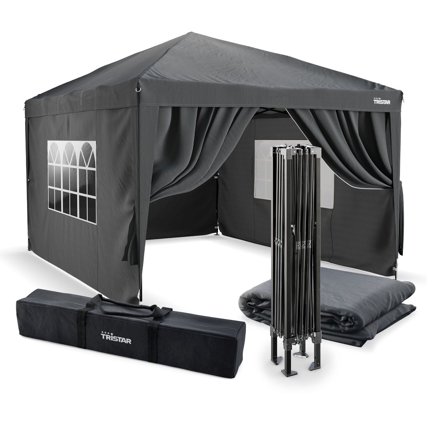 Tristar Pavillon Tristar PT-7804 Partyzelt – Easy-Up-System – mit 4 Seitenwänden, Pop-up-Pavillon mit Seitenwänden Dunkelgrau
