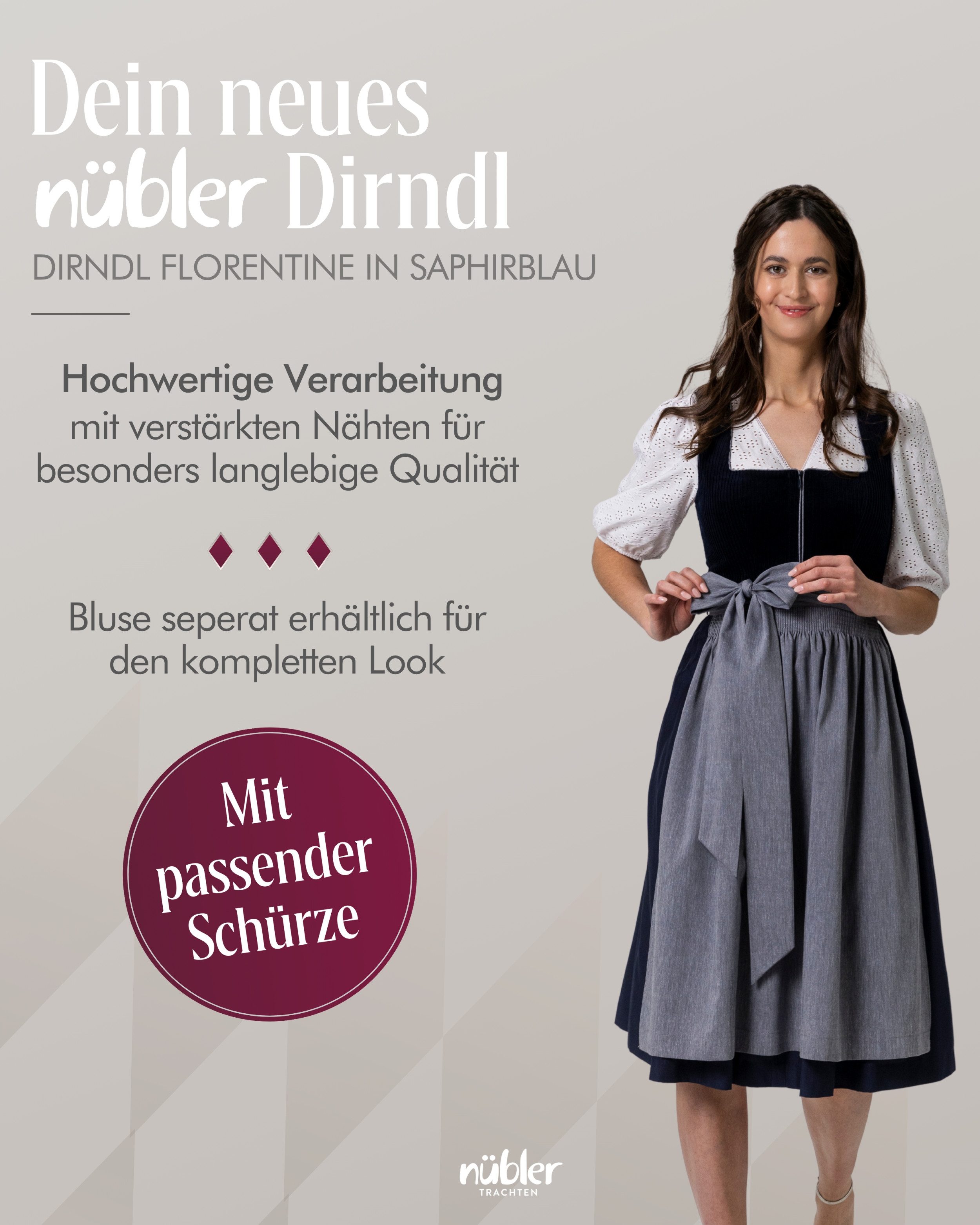 Nübler Dirndl Mini-Dirndl Florentine in Royalblau von Nübler - Rocklänge 60 cm