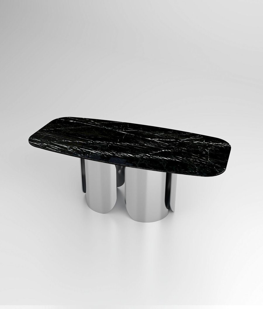 D'arte Stone Esstisch ALLESSANDRO Marmor-Esstisch mit Gestell aus Edelstahl schwarze Marmorplatte mit silbernem Gestell
