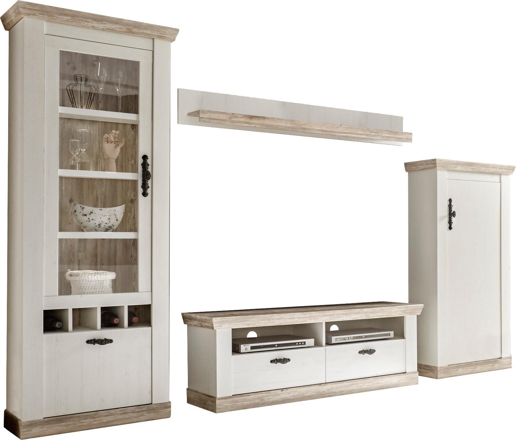 Home affaire Wohnwand Florenz, Anbauwand im Landhausstil, Komplettset mit Metallgriffen, (Set, 4-St), enthält Vitrine, Lowboard, Kommode und Wandboard, 296 cm breit