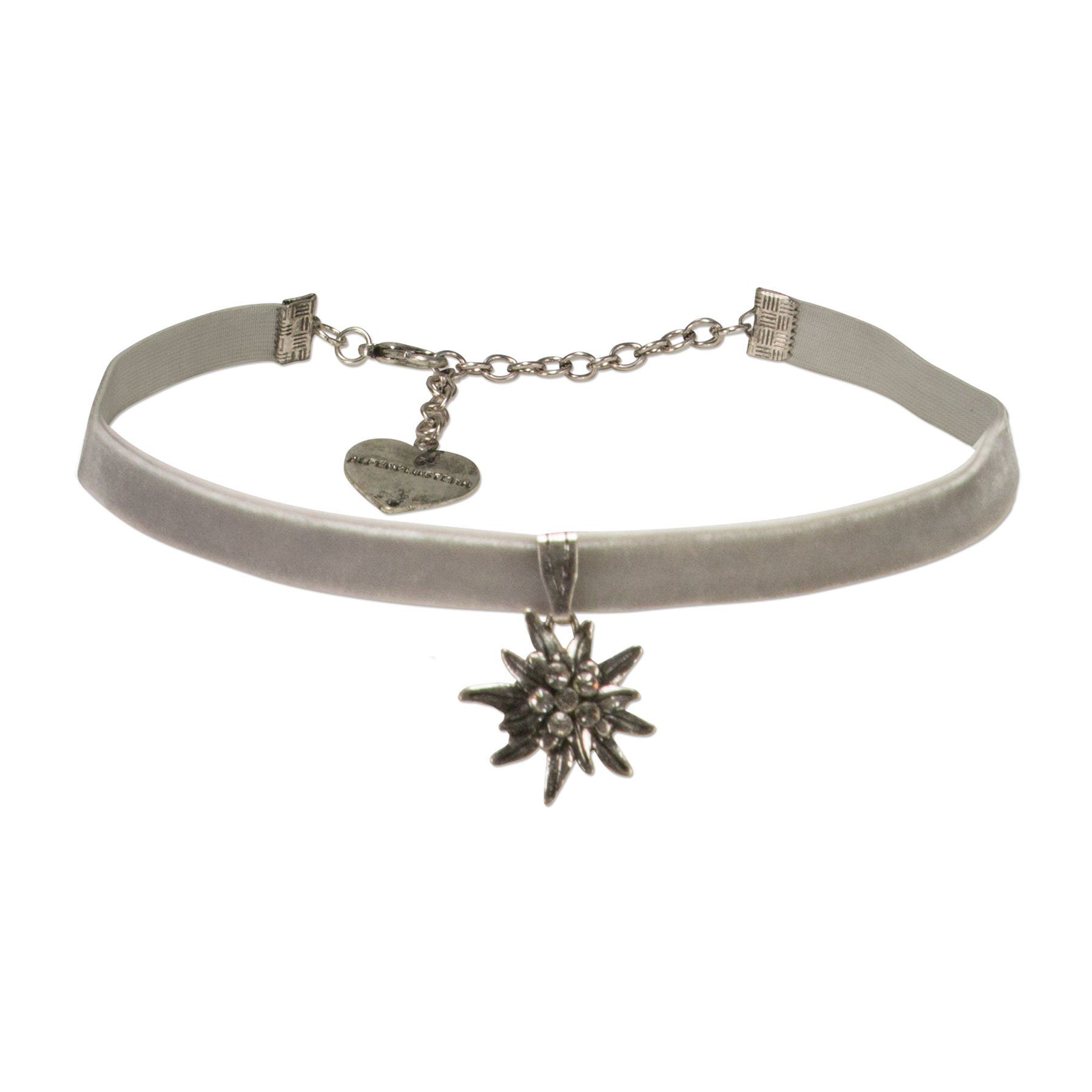 Alpenflüstern Ketten-Set Trachtenschmuck-Set Trachten-Samt-Kropfband und Ohrhänger Strass-Edelweiß (grau), - Damen-Trachten-Schmuck, Trachtenset Trachtenkette u – Bild 2 von 3