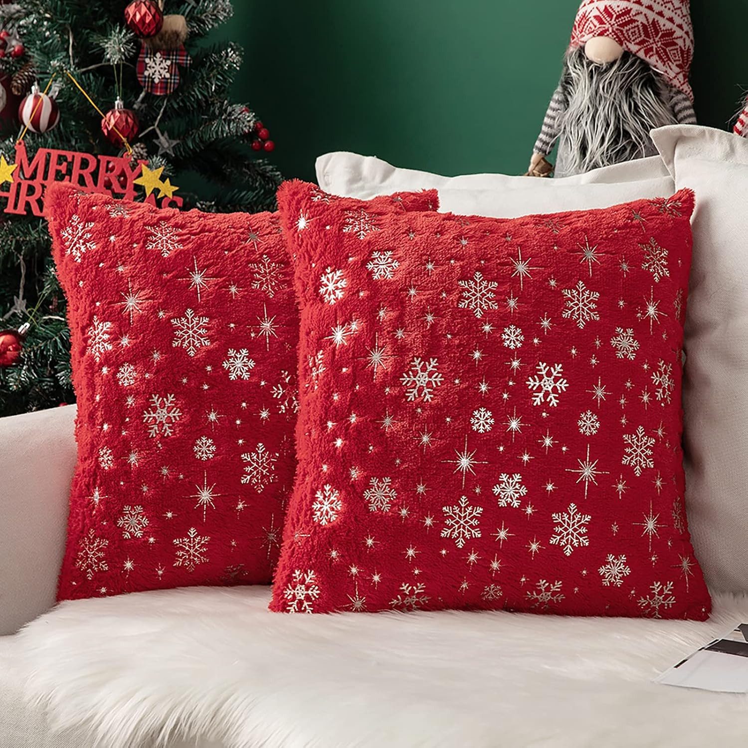 FELIXLEO Teelichthalter 2er Set Weihnachtskissenbezüge 40x40 cm Rot Flauschig Schneeflocken (1 St)