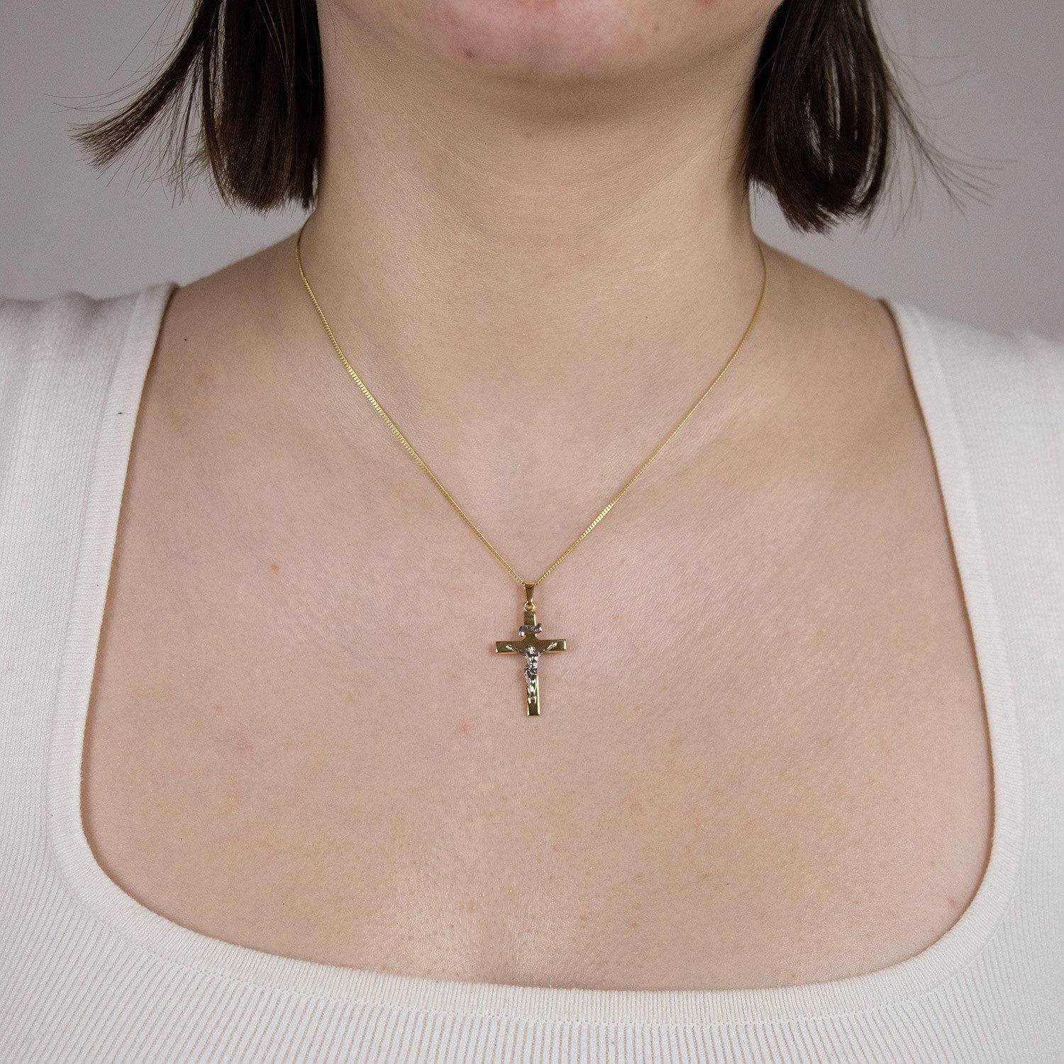 HOPLO Kreuzanhänger Anhänger Kreuz Korpus 585 Gold mit vergoldeter Silberkette 36 cm, Made in Germany