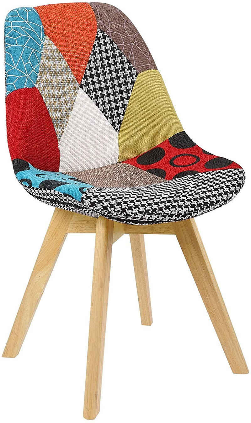 Woltu Esszimmerstuhl (1 Stück), Patchwork Wohnzimmerstühle mehrfarbige Stühle mit Rückenlehne Leinen Stoff Holzbeine