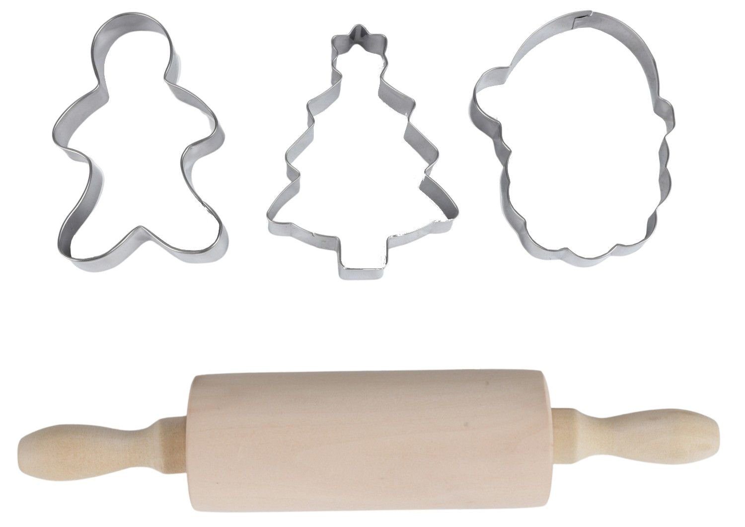 Nudelholz mit 3 und Ausstechform Koopman Ausstechformen Teigrolle Mini Weihnachts-Back-Set