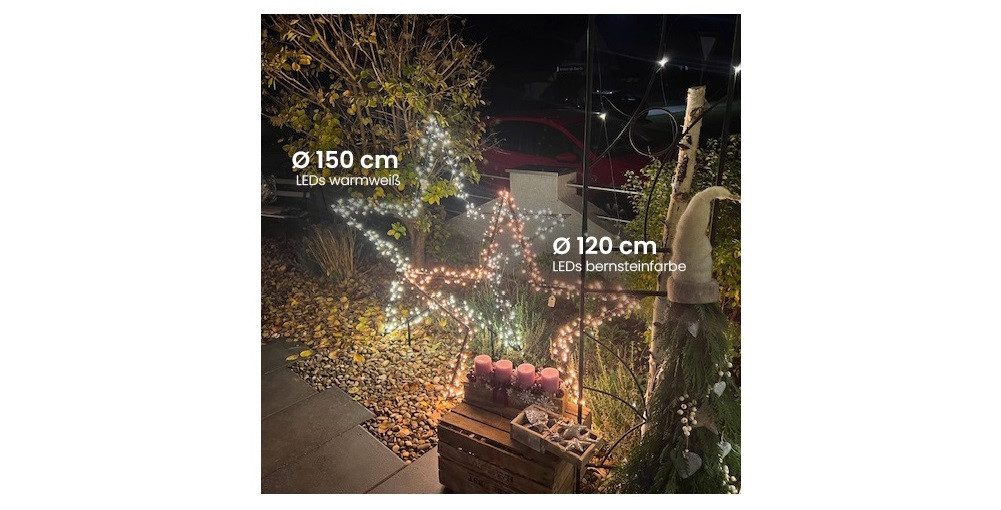 Gartenpirat LED-Stern für außen Gartenstern Ø 60-150 cm mit LED-Beleuchtung Weihnachtsdeko, LED Lichterkette, Warmweiß, Metall Rahmen schwarz; IP44 Adapter; 6/18Timer; 5m Kabel, schwarz