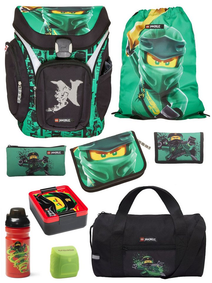 LEGO® Bags Schulranzen Explorer Lego Ninjago Schultasche ab der 1. Klasse (Set, 9-tlg., mit Dose, Flasche und Sporttasche), ergonomisch, mit Hüft- & Brustgurt, grüner Ninja Lloyd