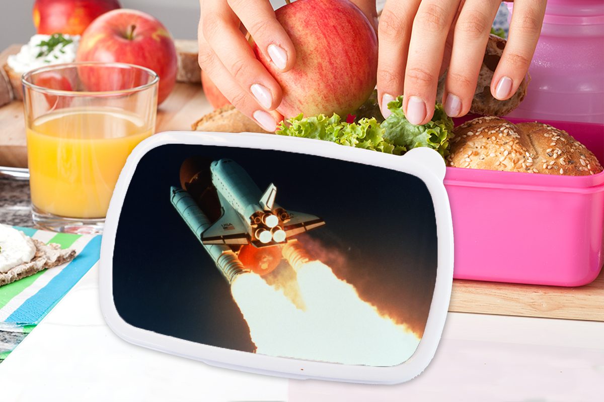 Snackbox, MuchoWow (2-tlg), Kinder, in den für Kunststoff, Erwachsene, Raumfähre rosa Weltraum, Brotdose Kunststoff Mädchen, Start einer Brotbox Lunchbox