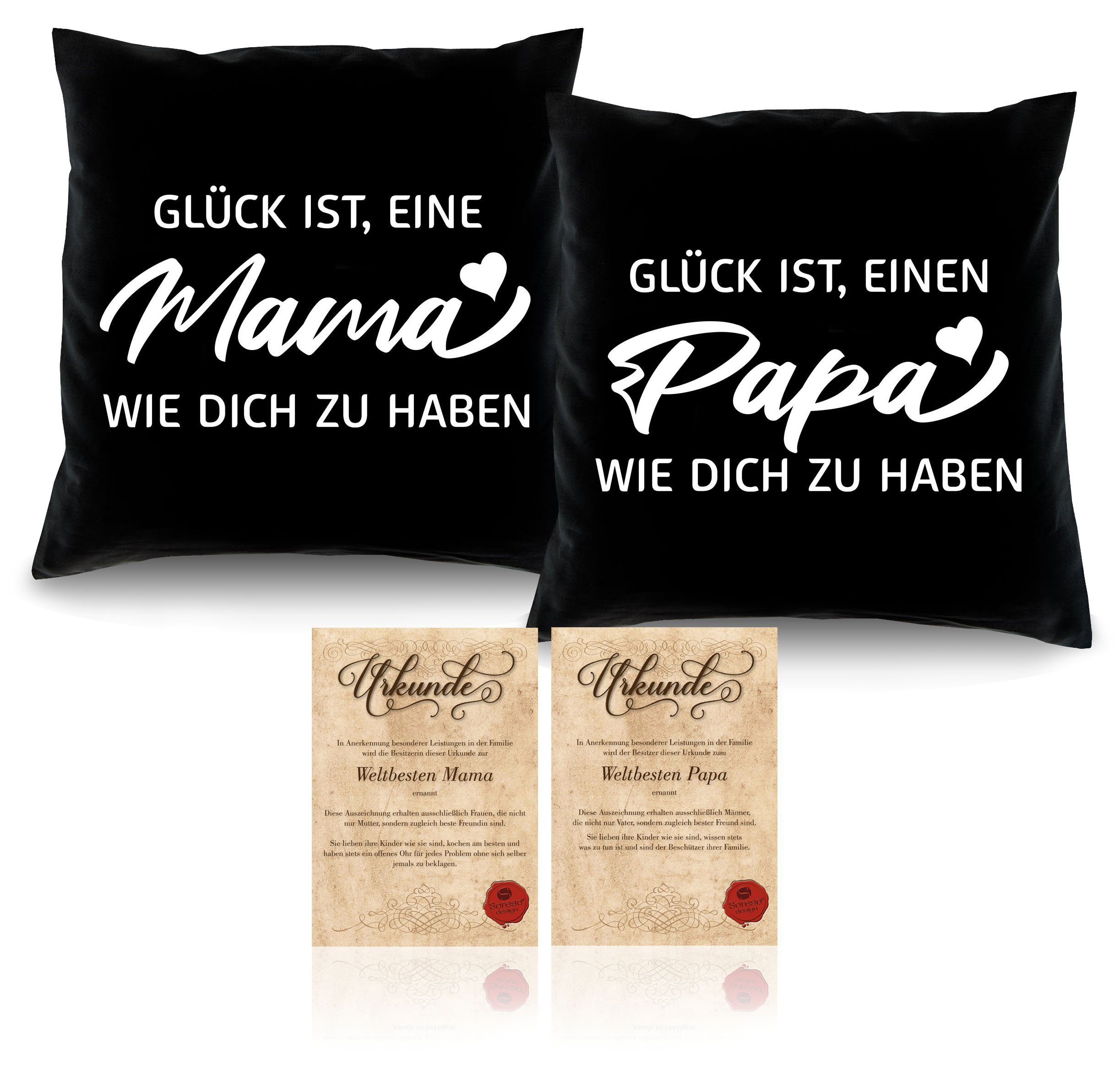 Soreso® Dekokissen Geschenk Set Mama Papa Weihnachten 2 Kissen Eltern Weihnachtsgeschenk, Geschenk-Set