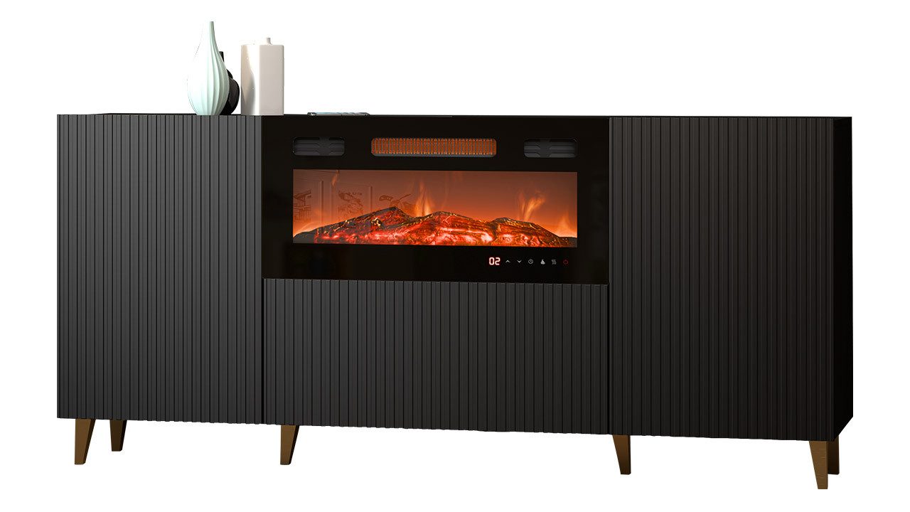 MIRJAN24 Kommode Pafos 180 mit Elektrischem Kamin (mit zwei Drehtüren), Realistische LED-Flamme