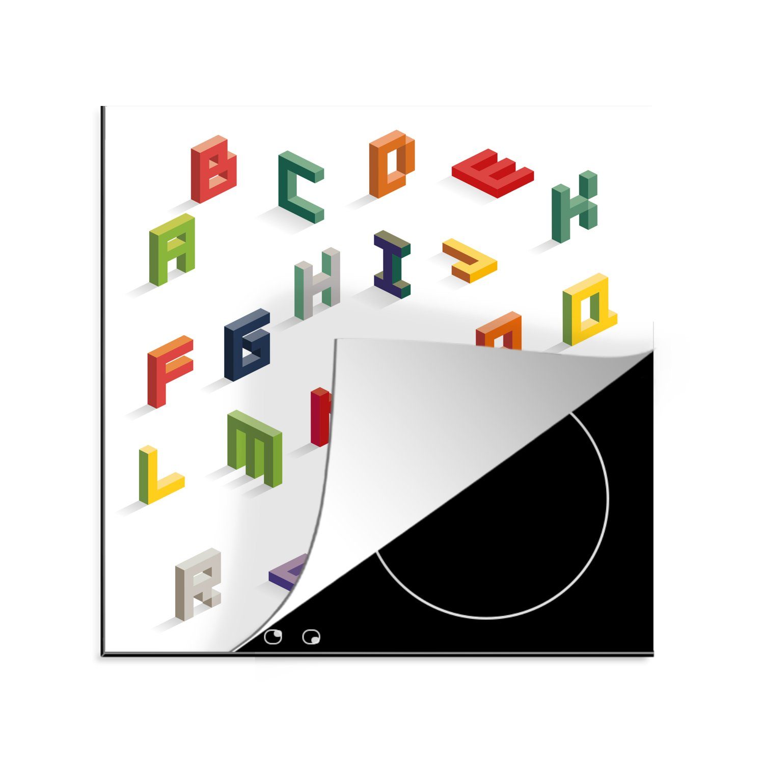MuchoWow Herdblende-/Abdeckplatte Alphabet in isometrischen Buchstaben, Vinyl, (1 tlg), 78x78 cm, Ceranfeldabdeckung, Arbeitsplatte für küche