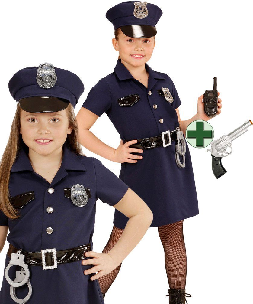 Karneval-Klamotten Polizei-Kostüm Polizistin Cop Kostüm Mädchen blau mit Pistole, Kinderkostüm Komplett Polizei mit Mütze und Pistole Faschingskostüm