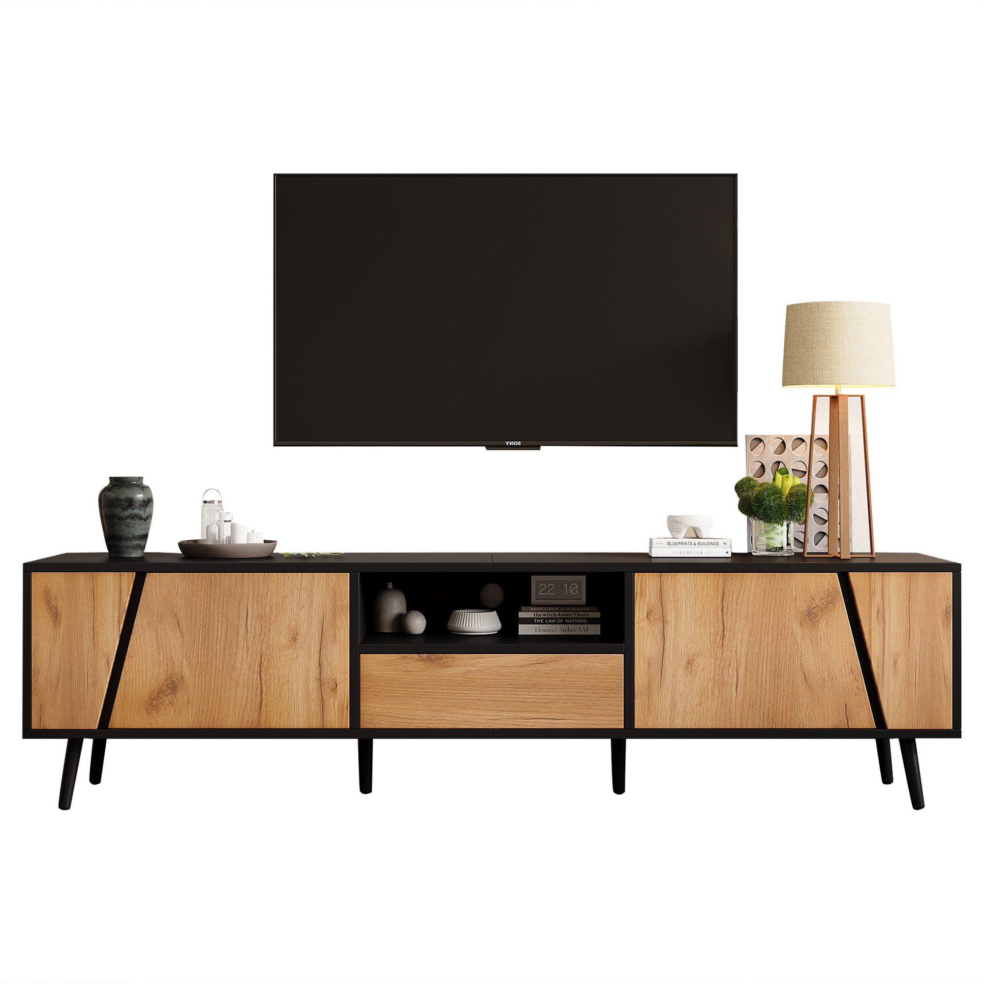 Merax Lowboard in Schwarz-Holz-Optik (180x40x46cm, 1 St., TV-Lowboard Fernsehschrank TV-Schrank), TV-Schrank mit 2 Türen,1 Schublade, Massivholzfüße, halboffener Ablage