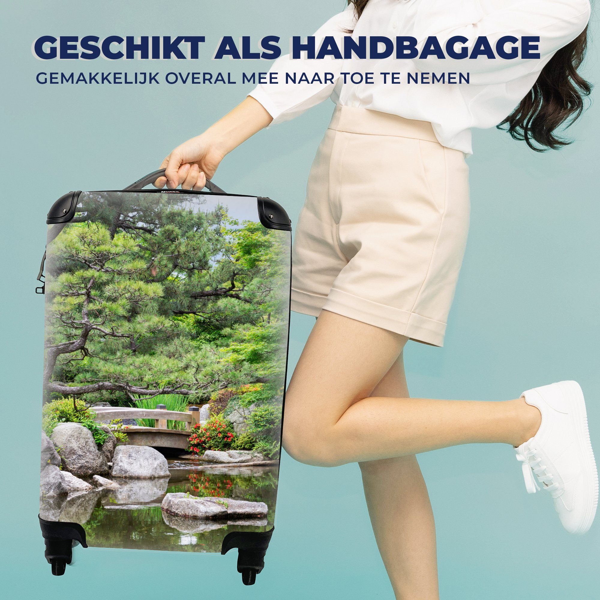 - Handgepäckkoffer mit Japanisch Trolley, Wasser - Bäume, - Natur - Rollen, MuchoWow Reisetasche 4 Handgepäck Ferien, Reisekoffer rollen, Steine für