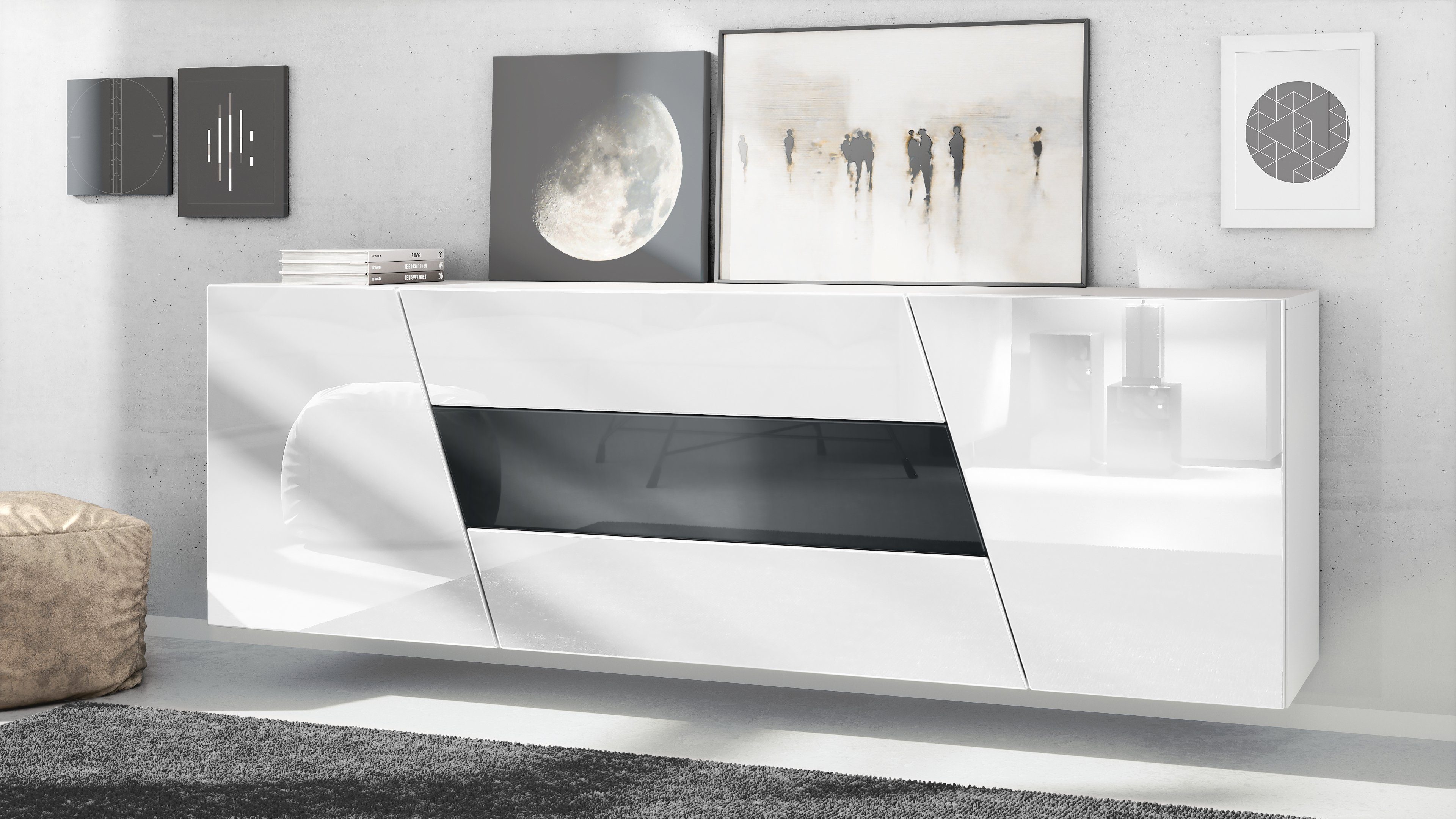 Vladon Sideboard Houston (hängende Kommode, mit 2 Türen und 3 Schubladen), Weiß matt/Weiß Hochglanz/Schwarz Hochglanz (178 x 57,5 x 38,5 cm)