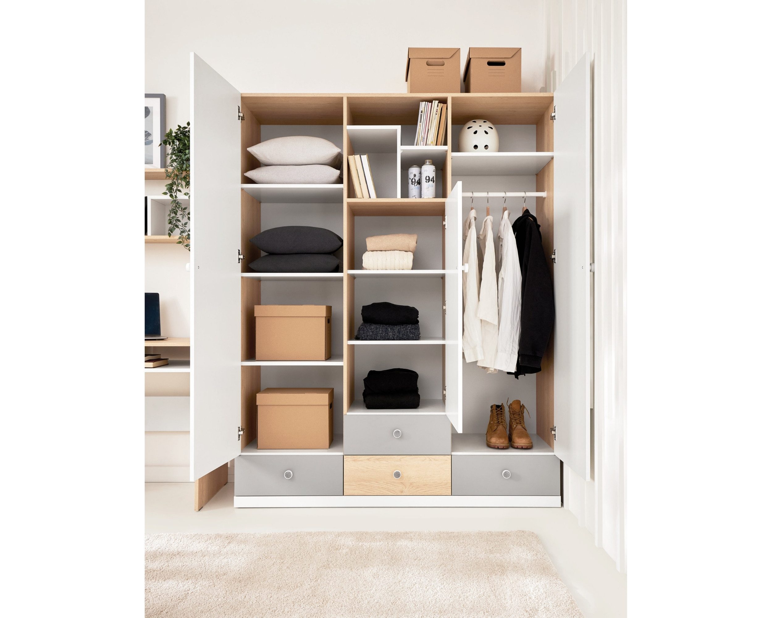 Deine Möbel 24 Kinderkleiderschrank POKO 01 150 / 190 / 50 cm [B/H/T] in Biskuiteiche / Weiß Lux / Grau