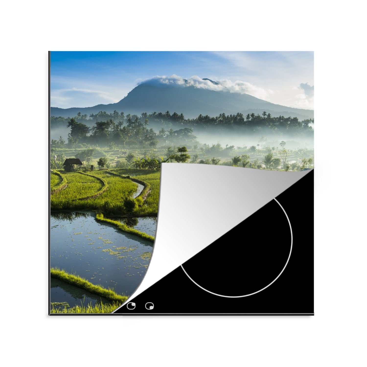 MuchoWow Herdblende-/Abdeckplatte Indonesien - Reis - Nebel, Vinyl, (1 tlg), 78x78 cm, Ceranfeldabdeckung, Arbeitsplatte für küche
