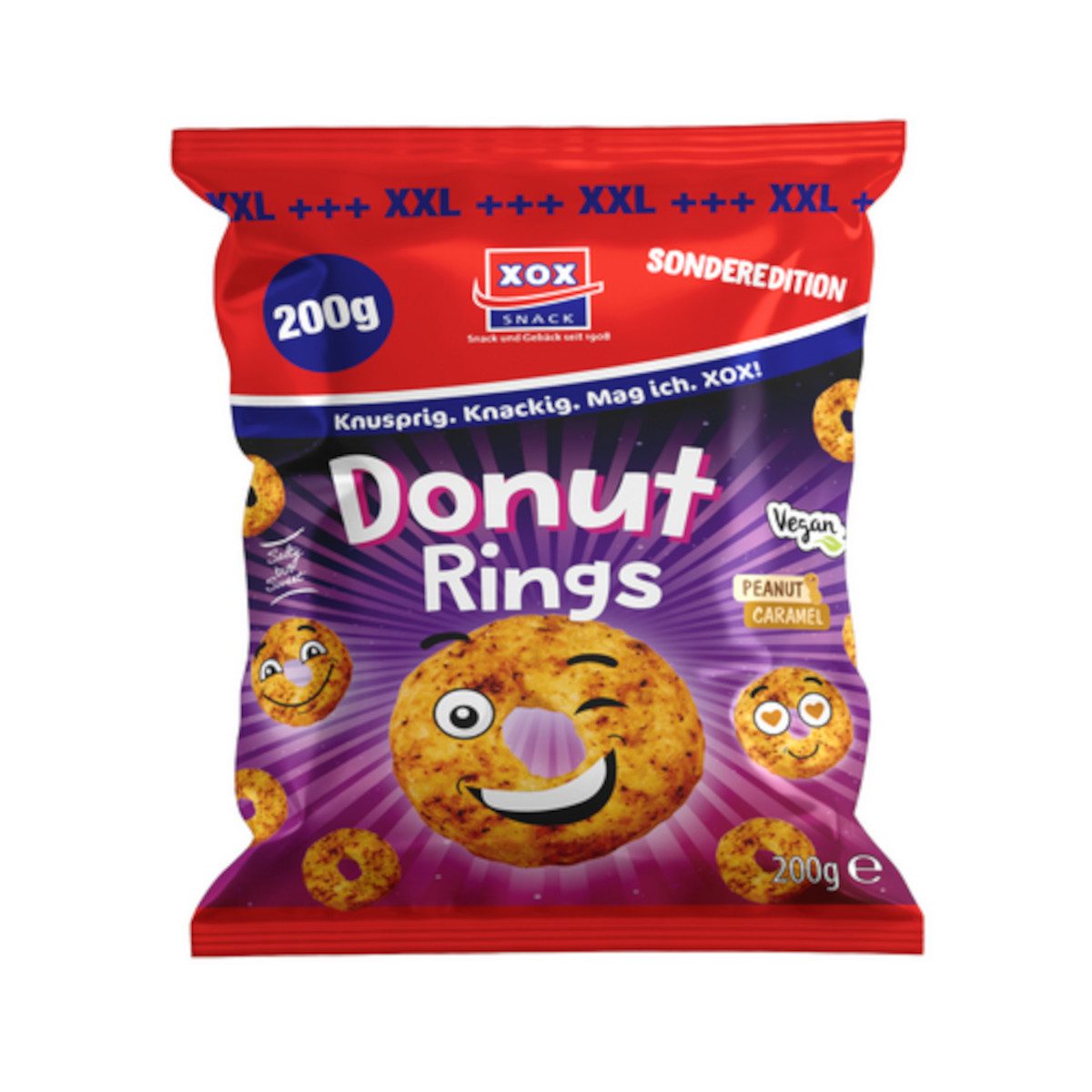 XOX Knabberei, XOX Donuts XXL Mais-Erdnuss-Snack mit Salz- und Karamellgeschmack 200g