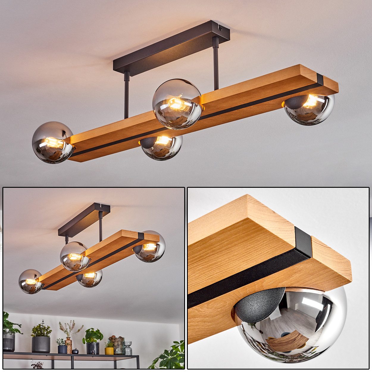 hofstein Deckenleuchte Deckenlampe aus Metall/Holz/Glas in Schwarz/Natur/Ch günstig online kaufen