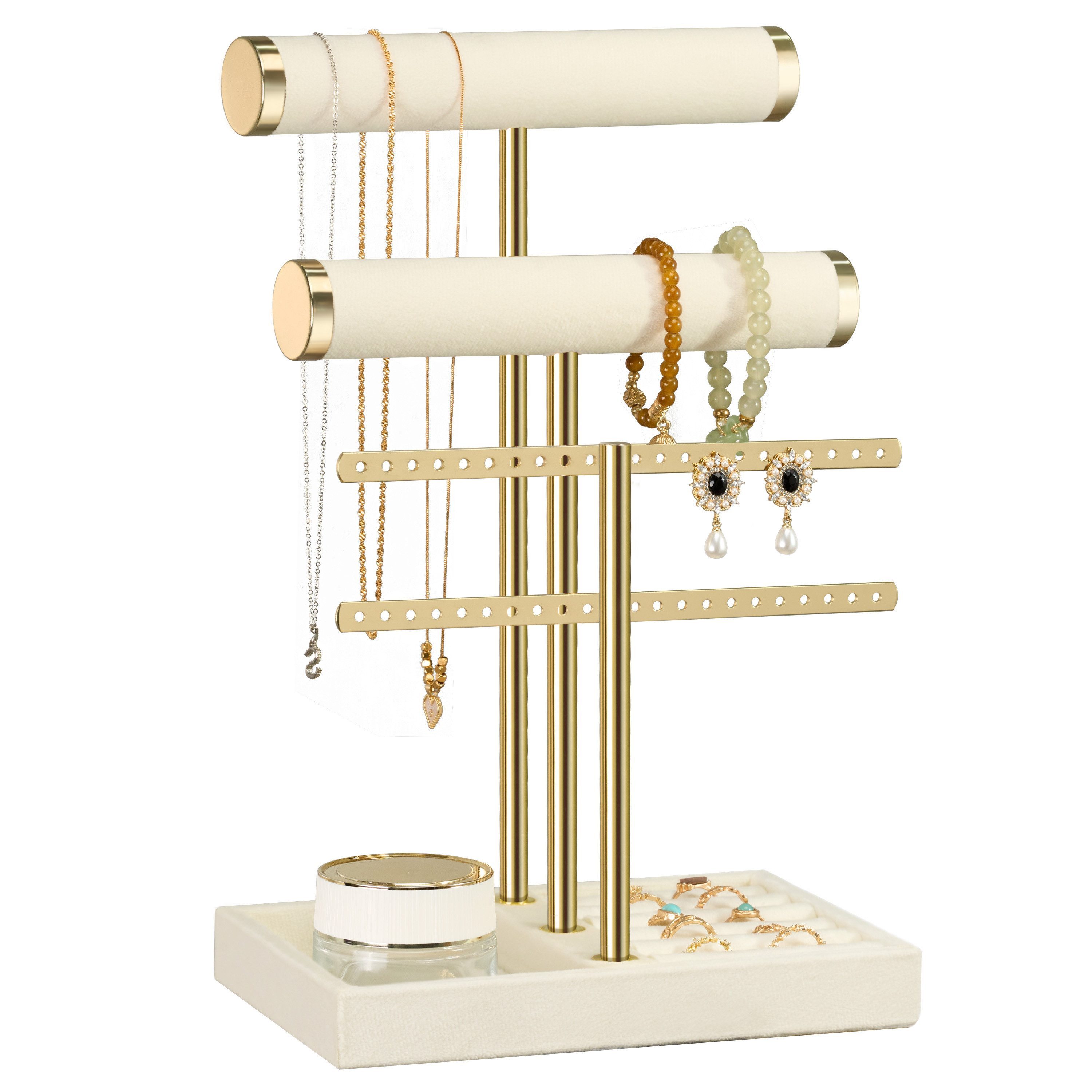 niffgaff Schmuck Etagere Schmuck-Organizer mit 3 Etagen & abnehmbarem T-Steg, Beiger Samt-Ständer für Armbänder, Halsketten, Uhren und Ringe