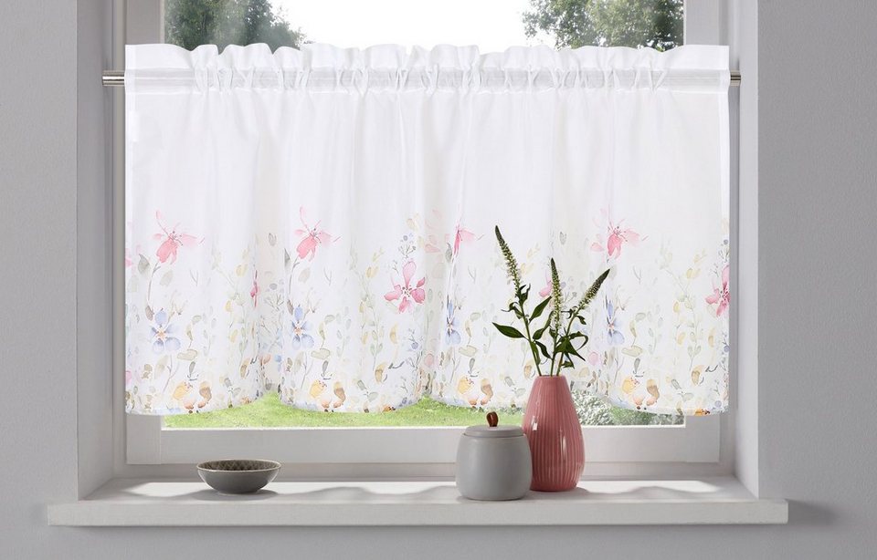 Scheibengardine Orla, my home, Stangendurchzug (1 St), transparent,  Polyester, Voile mit Blumendruck, transparent, bedruckt, verschiedene Größen