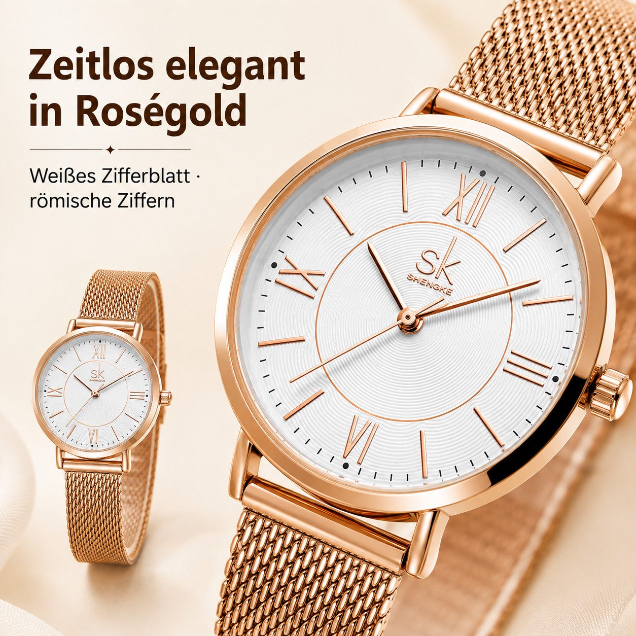 Toomoke Quarzuhr Damen Roségold, Damen Armbanduhr mit Edelstahl-Mesharmband, (analoge Damenuhr mit weißem Zifferblatt), römischen Ziffern, Mineralglas, 30 mm, 3 – Bild 2 von 5