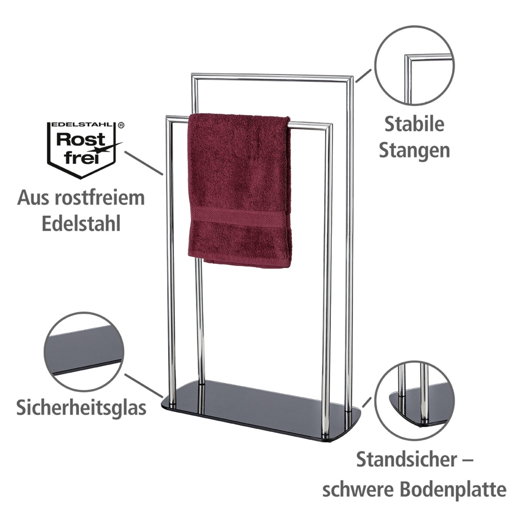 WENKO Handtuchständer Ravina, freistehender Handtuchhalter aus Edelstahl, 2 Arme, Glasbodenplatte