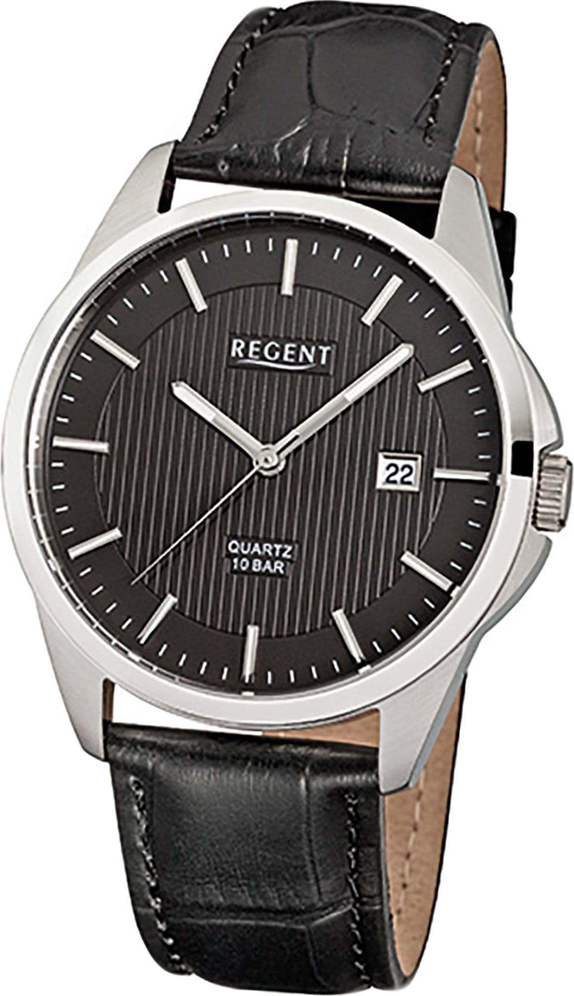 Regent Quarzuhr mittel Uhr rundes Leder Elegant mit Lederarmband, Gehäuse, Quarzuhr, Regent Herren F-914 39mm), (ca. Herrenuhr