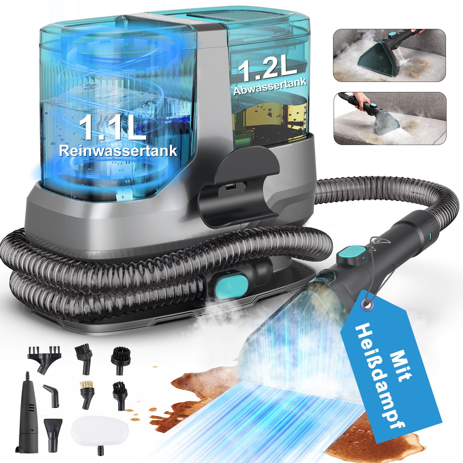 INSE Teppichreinigungsgerät Waschsauger 25000Pa 4-in-1 Teppichreiniger, 1800W Nasssauger, 1800 W, Polsterreiniger Gerät, Heizfunktion, Sterilisationsfunktion, mit LED-Anzeige, Sprachansagen, für Sofas,Teppiche,Auto,Matratze