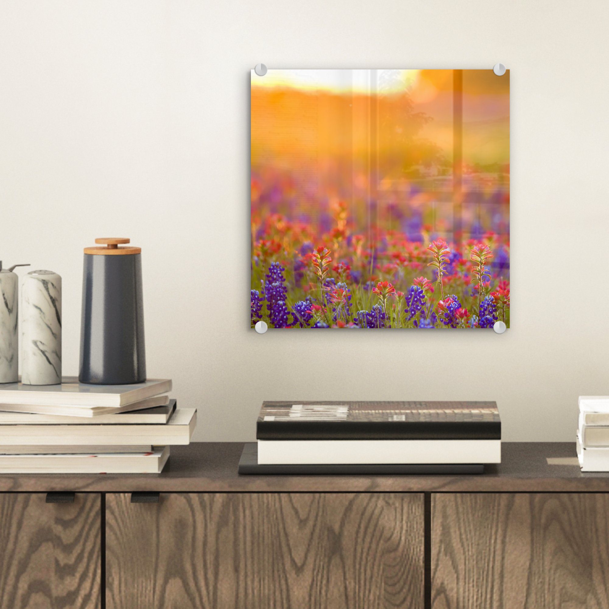 - (1 - - Sonne, MuchoWow Blumen Bilder auf auf - Wandbild Gold - St), Glasbilder Glas Wanddekoration Glas Acrylglasbild Foto