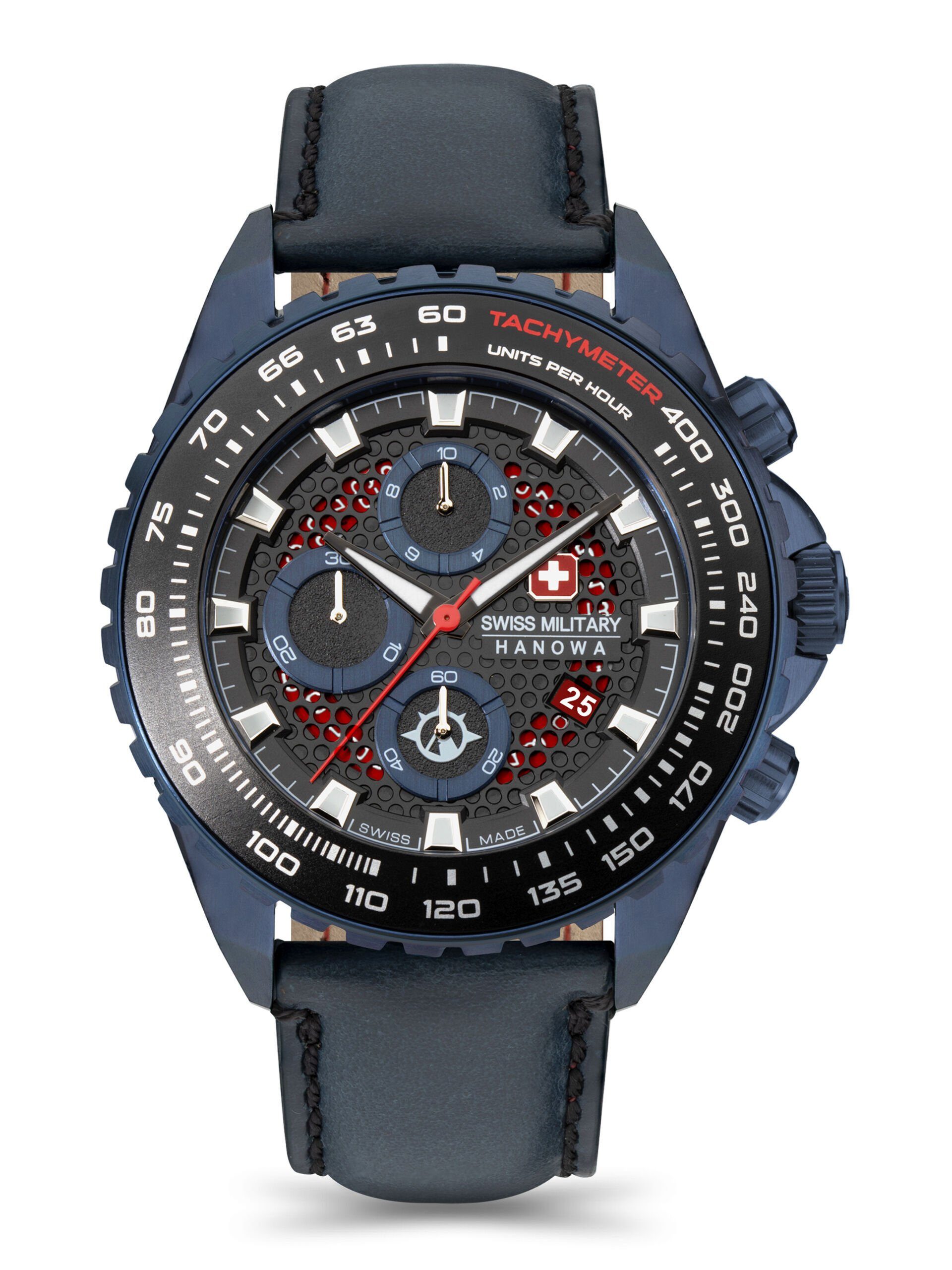 Swiss Military Hanowa mit hochwertigem Blau Leder-Armband IGUANA, Chronograph