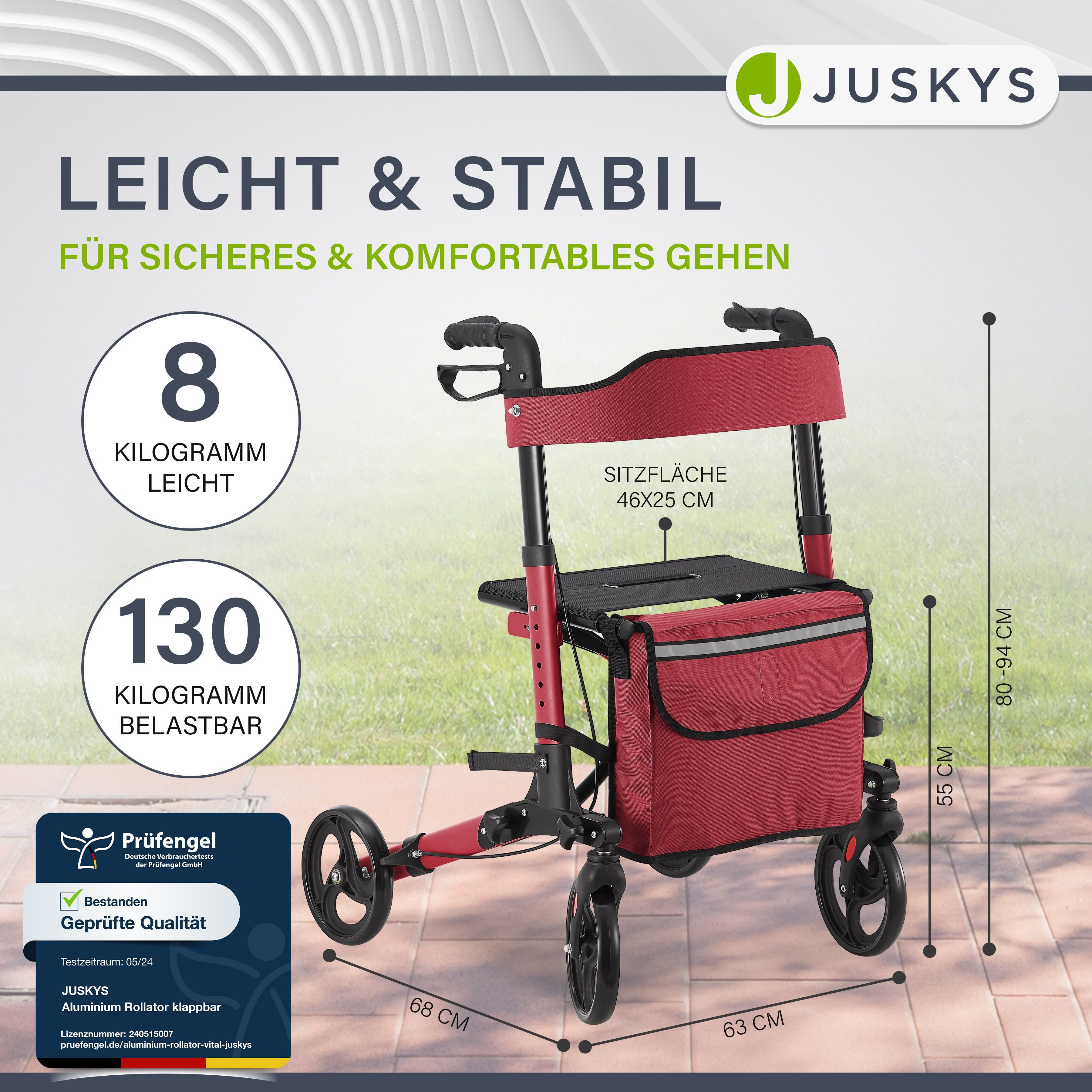 Juskys Rollator Vital, klappbar, mit Sitz, Einkaufstasche und Gehstockhalterung