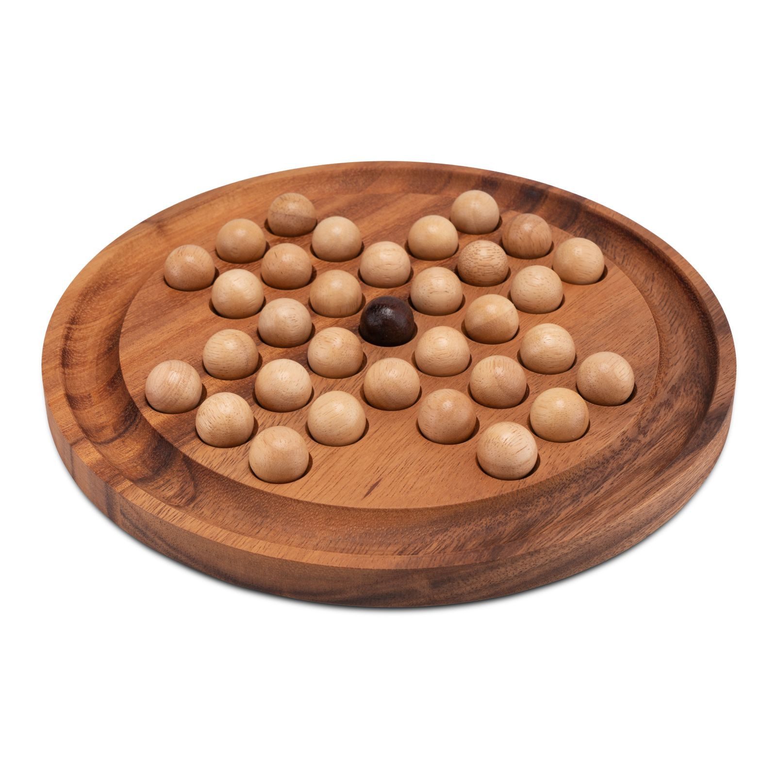 LOGOPLAY Spiel Solitär Gr. XL rund mit hellen Kugeln, Gesellschaftsspiel, Solitär XL rund Edles Knobelspiel aus Samena-Holz mit Holzkugeln Ø 26